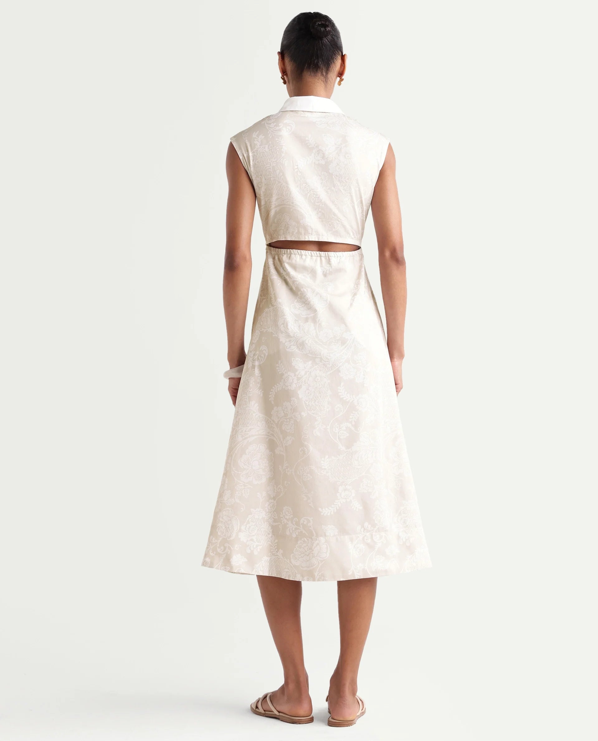 Rareism Women's Kasimo Beige Cotton Spread Collar Button Regular Ornamental Print Dress