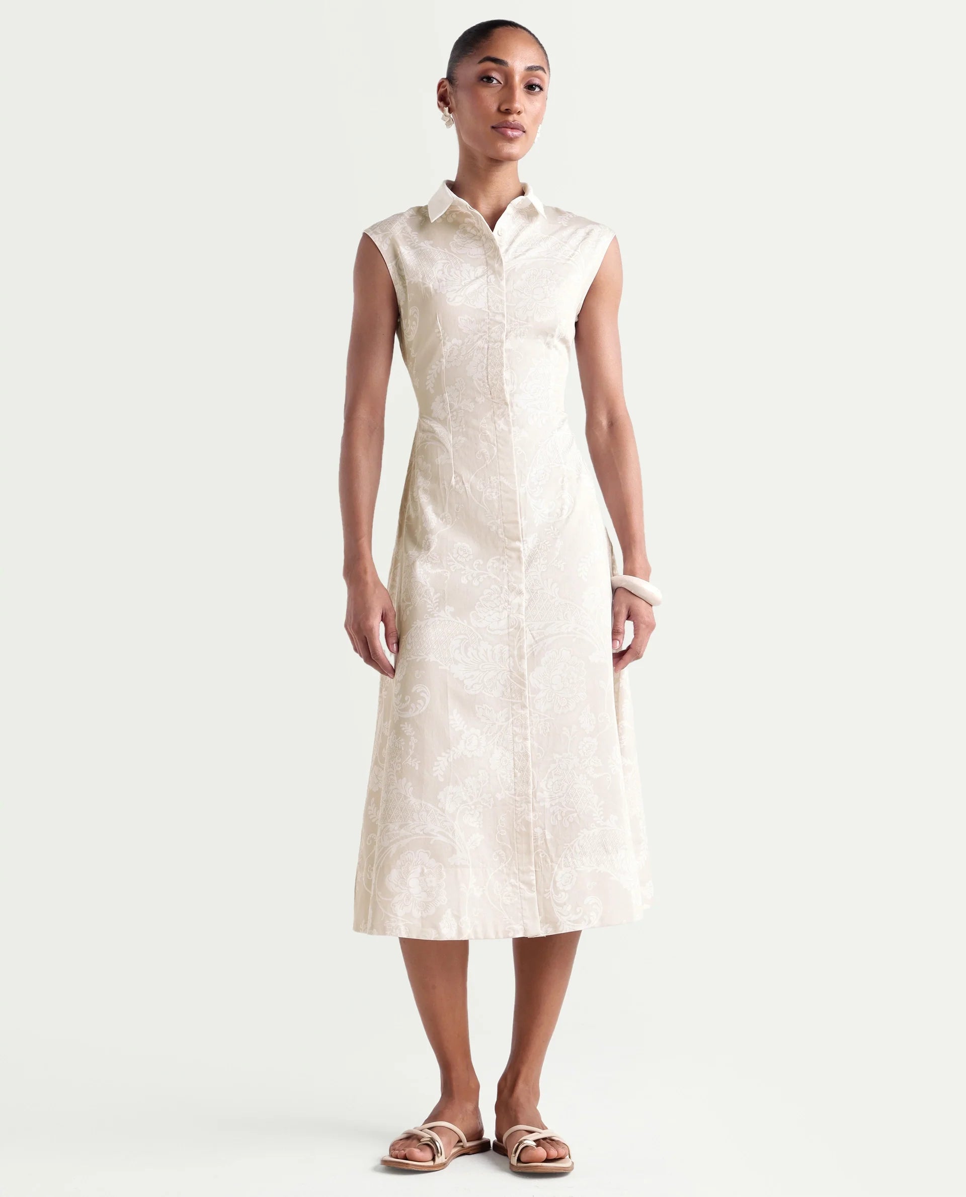 Rareism Women's Kasimo Beige Cotton Spread Collar Button Regular Ornamental Print Dress