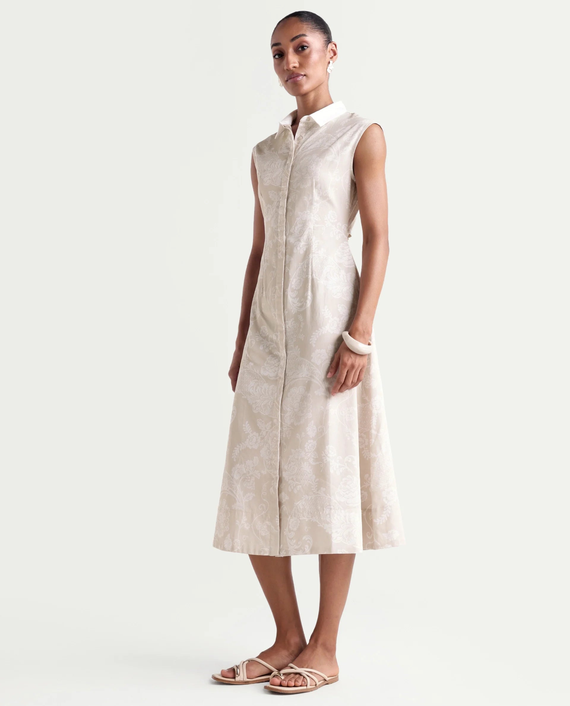 Rareism Women's Kasimo Beige Cotton Spread Collar Button Regular Ornamental Print Dress