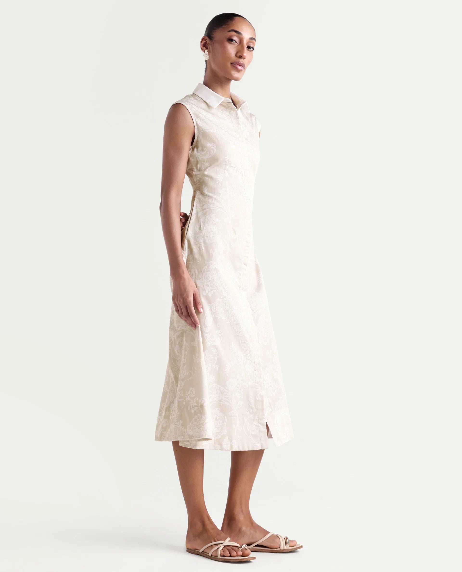 Rareism Women's Kasimo Beige Cotton Spread Collar Button Regular Ornamental Print Dress