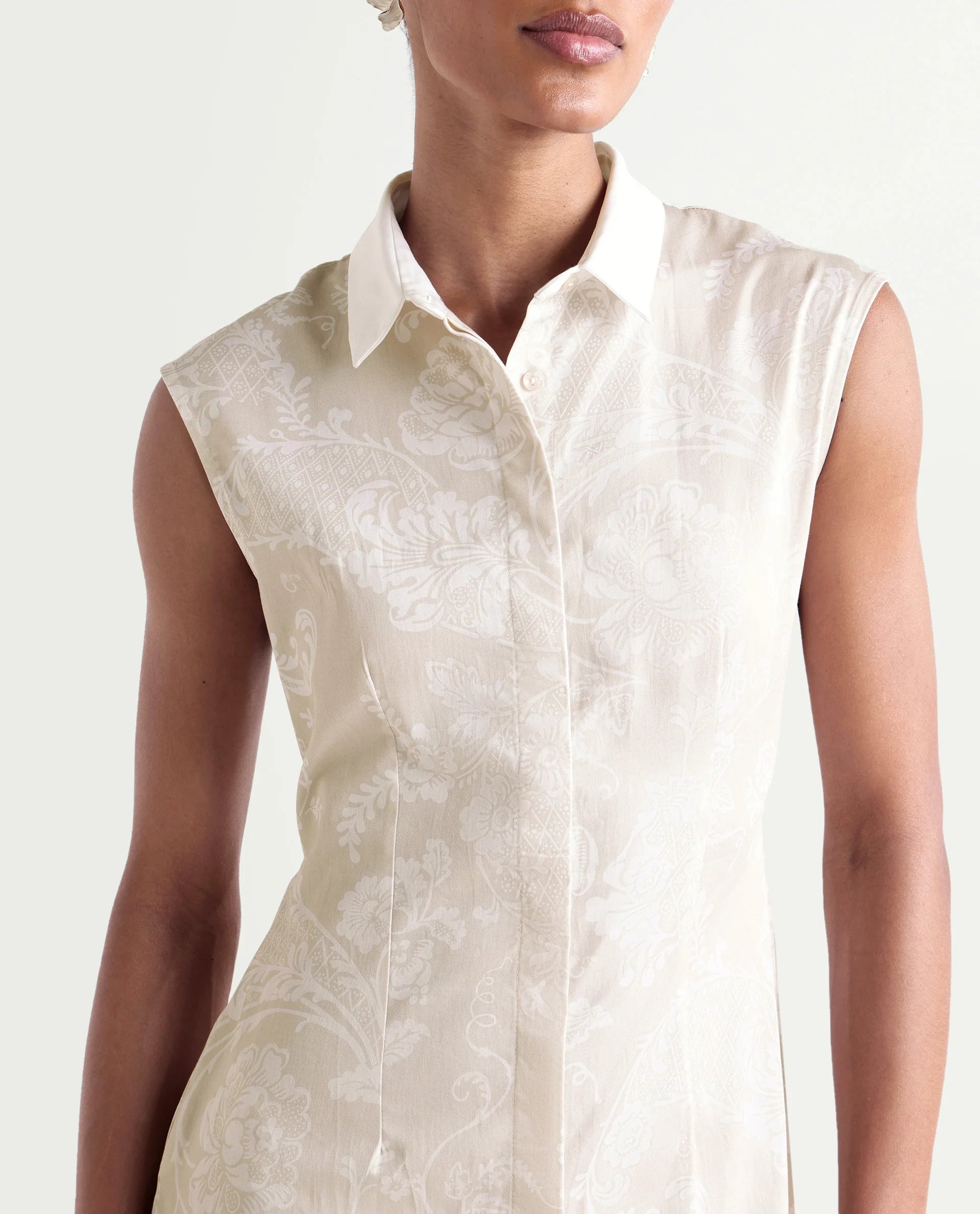 Rareism Women's Kasimo Beige Cotton Spread Collar Button Regular Ornamental Print Dress