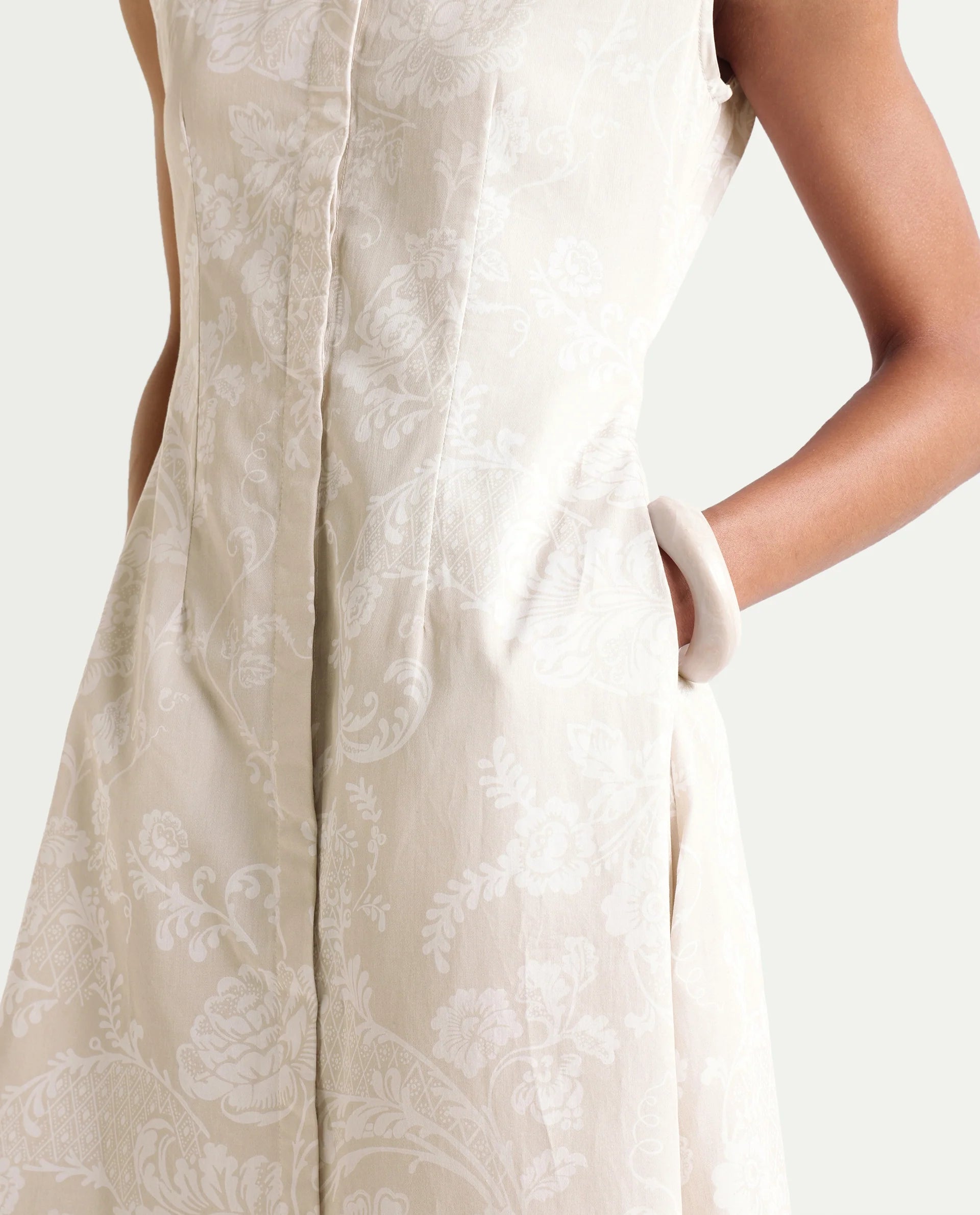 Rareism Women's Kasimo Beige Cotton Spread Collar Button Regular Ornamental Print Dress