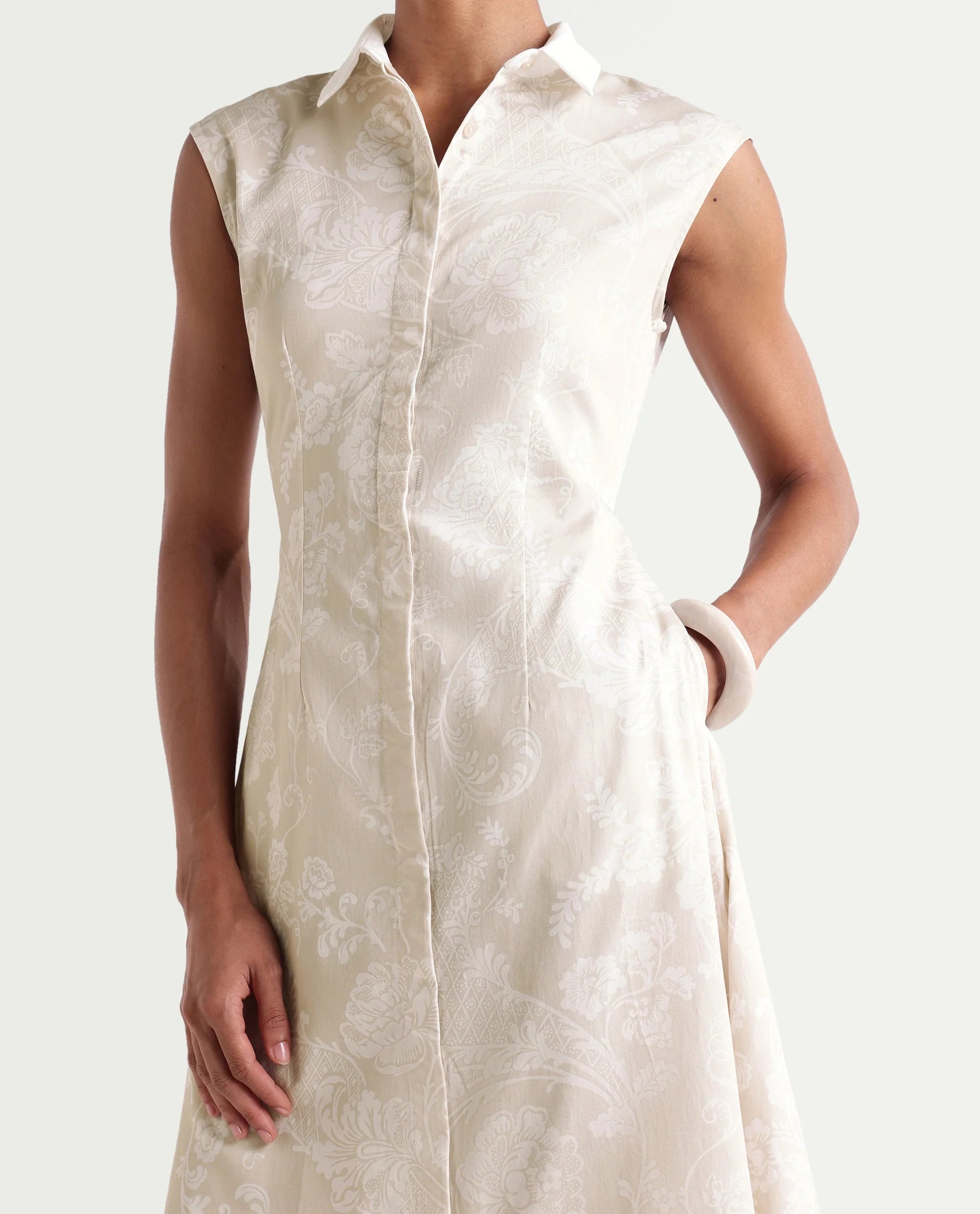 Rareism Women's Kasimo Beige Cotton Spread Collar Button Regular Ornamental Print Dress
