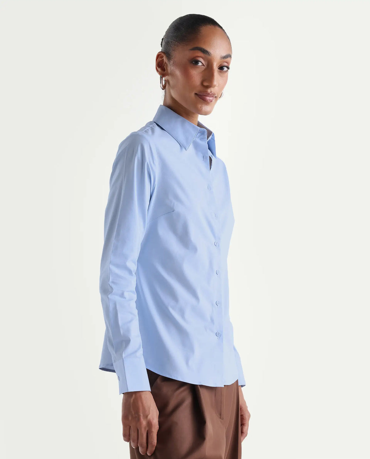 Rareism Women's Maven Light Blue Cotton Blend Spread Collar Fitted Plain Shirt