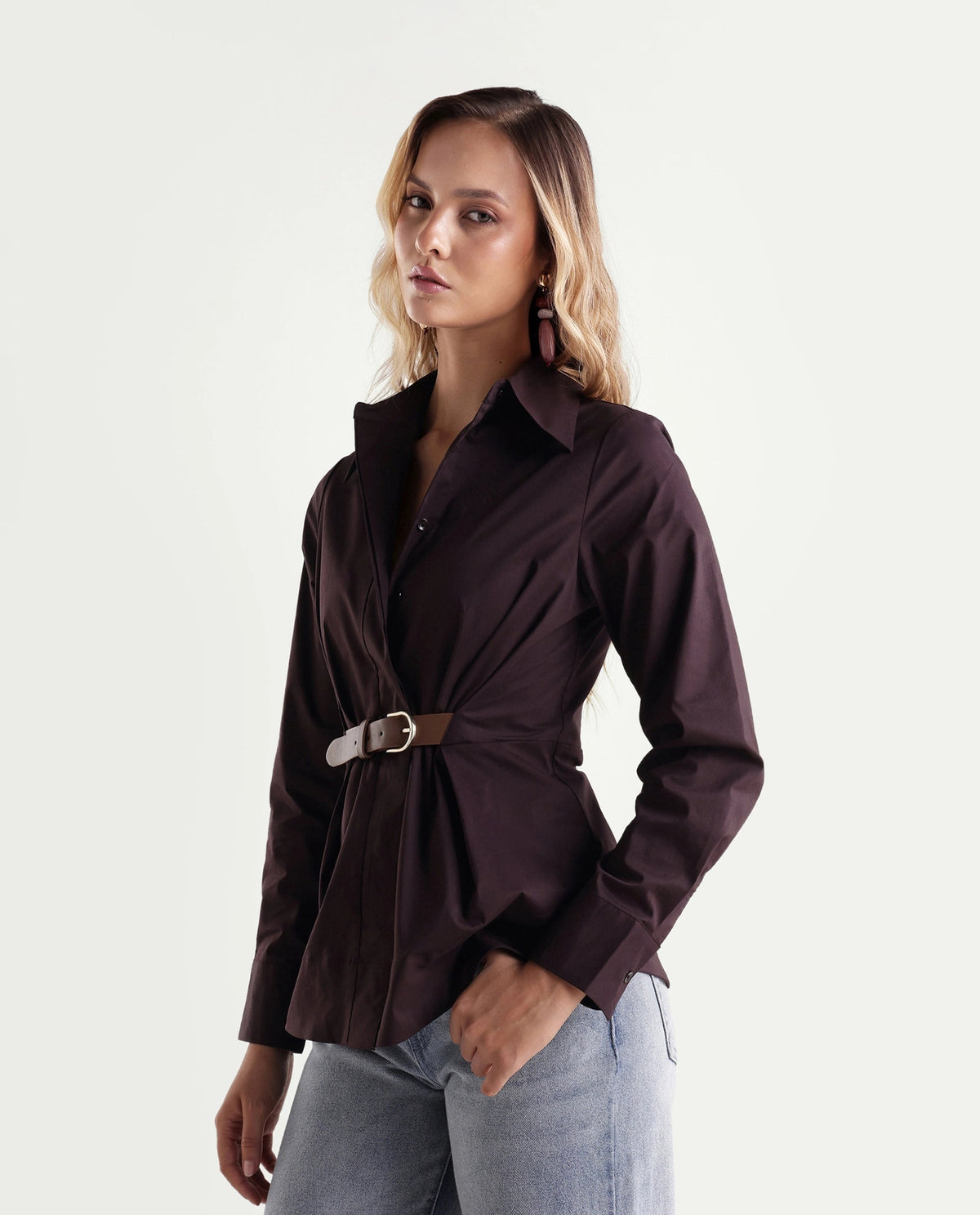 Rareism Women's Onio Brown Plain Cotton Blend Regular Long Sleeve Shirt