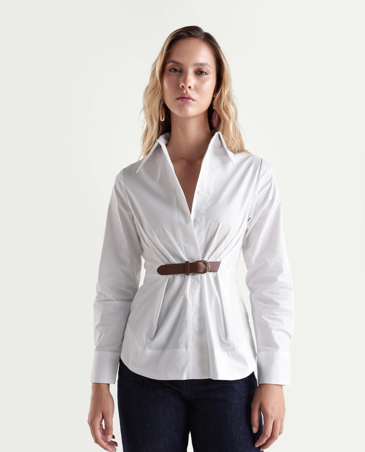 Rareism Women's Onio Off White Plain Cotton Blend Regular Long Sleeves Shirt