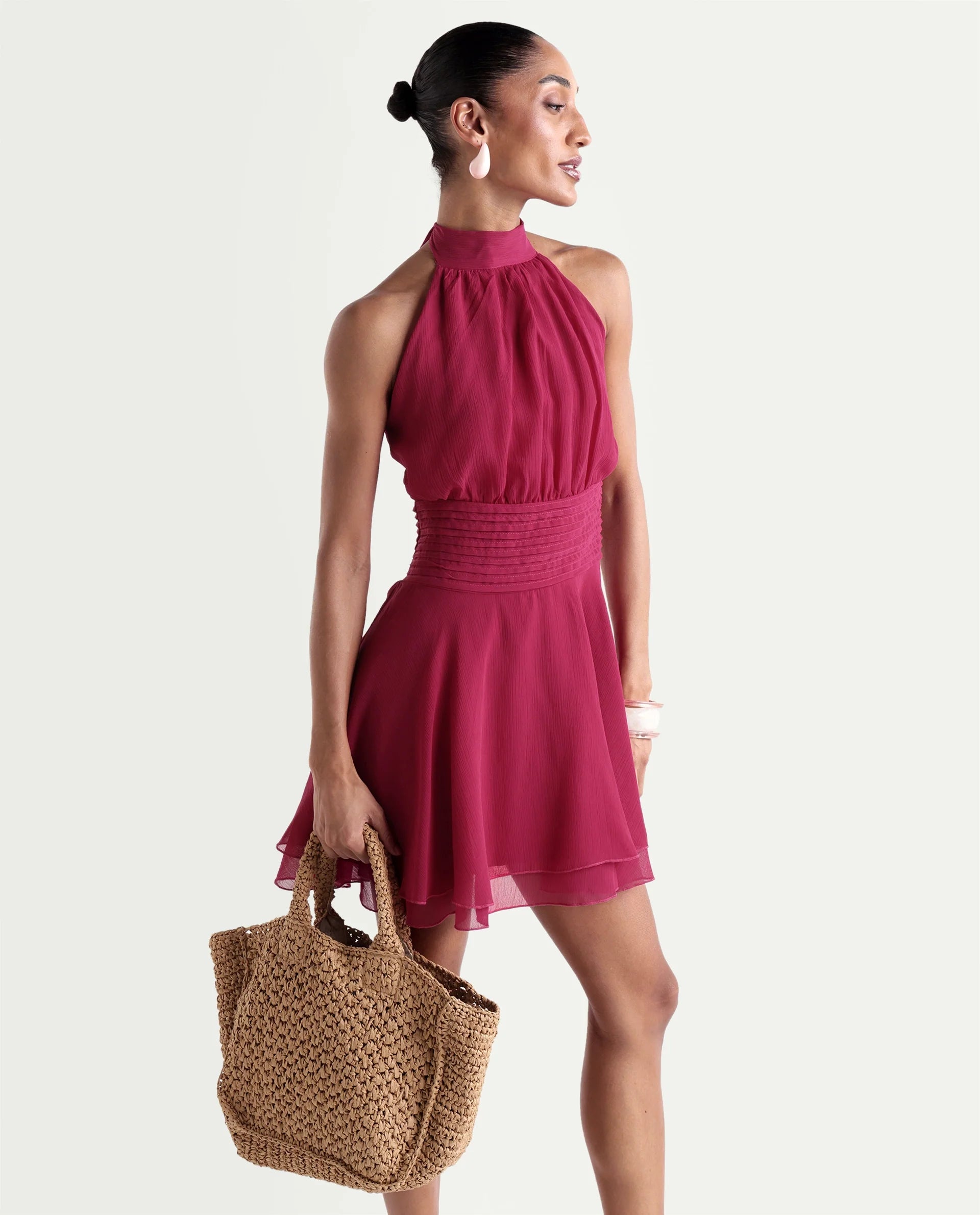 Rareism Women's Peti Dark Pink Polyester Halter Neck Button And Zip Fit And Flare Plain Dress