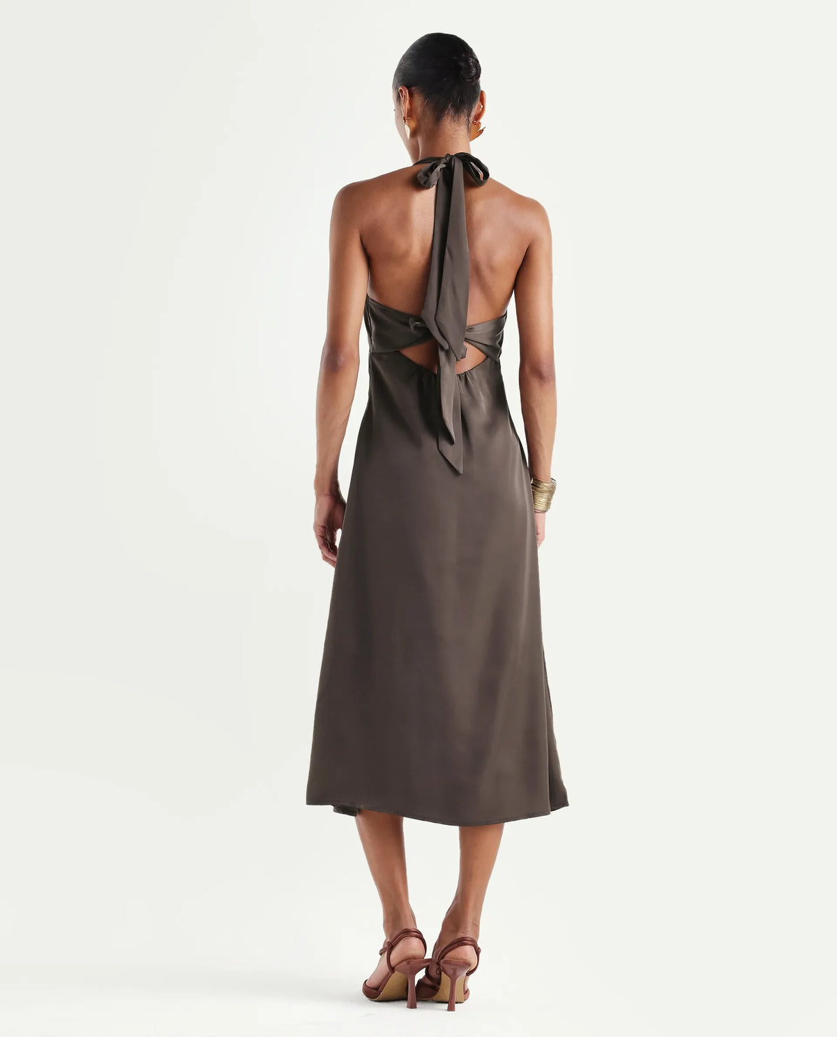 Rareism Women's Petin Brown Polyester V-Neck Elastic Fit And Flare Plain Sleeveless Dress