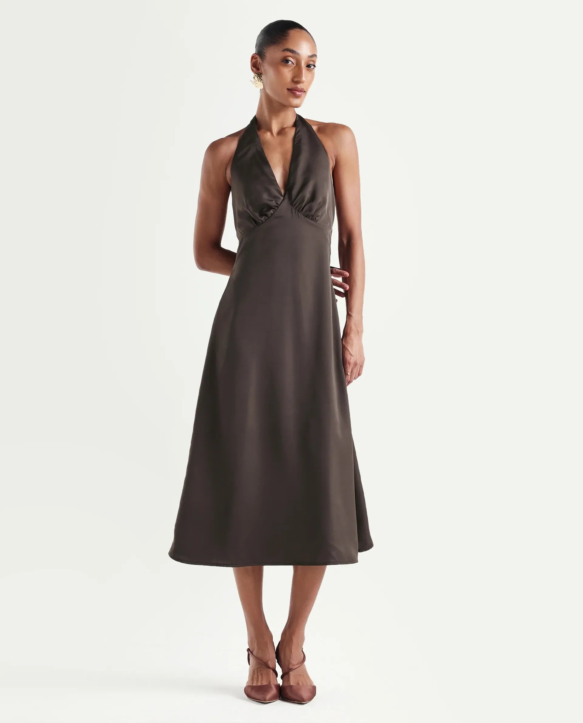 Rareism Women's Petin Brown Polyester V-Neck Elastic Fit And Flare Plain Dress