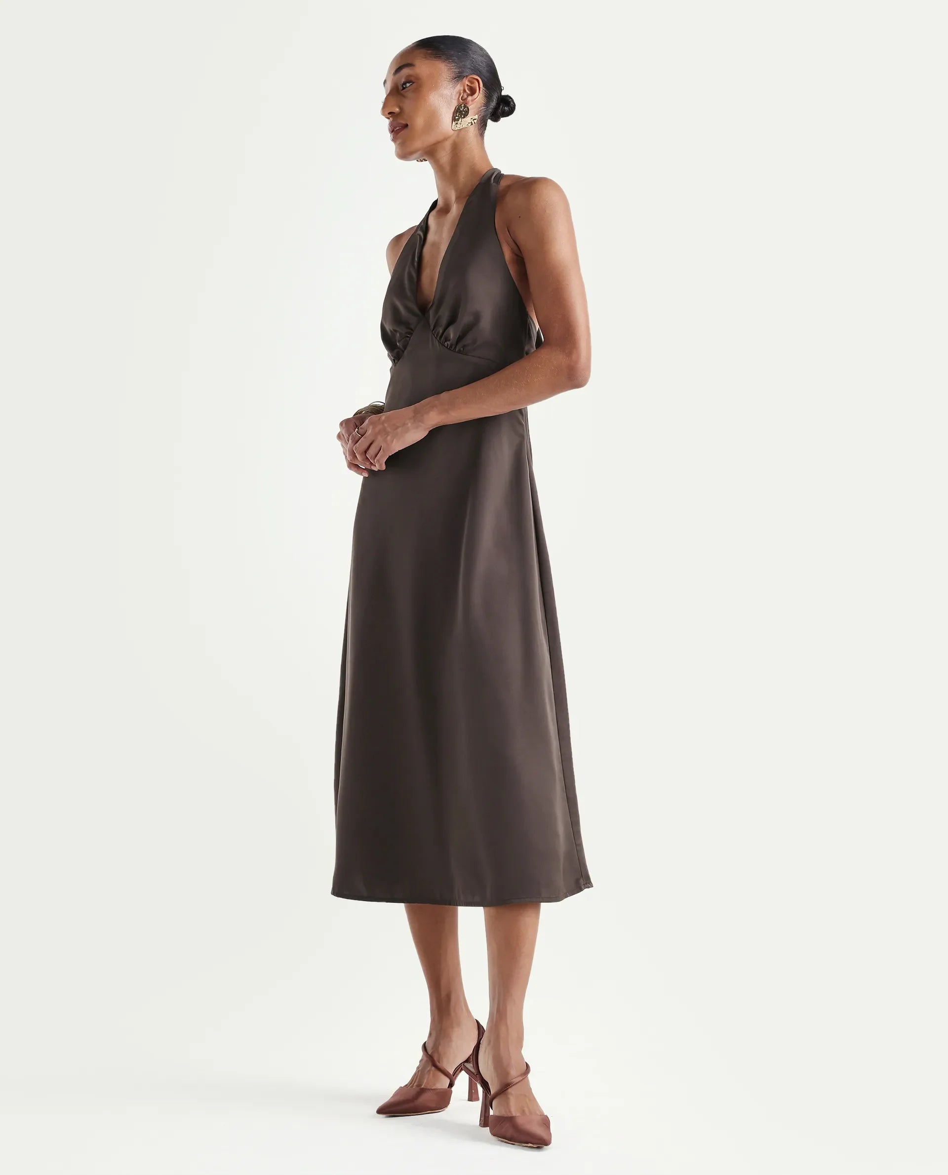 Rareism Women's Petin Brown Polyester V-Neck Elastic Fit And Flare Plain Dress