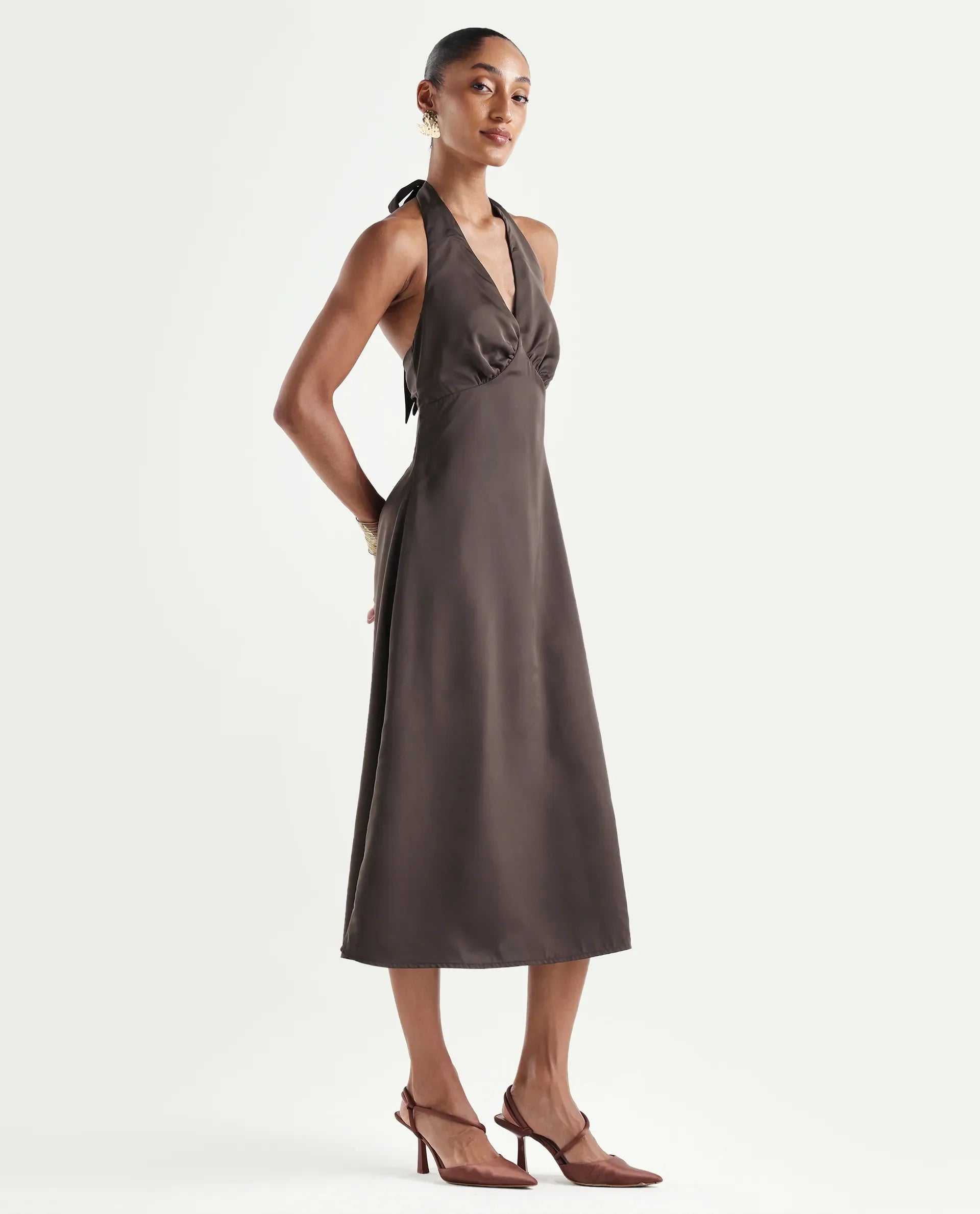 Rareism Women's Petin Brown Polyester V-Neck Elastic Fit And Flare Plain Dress