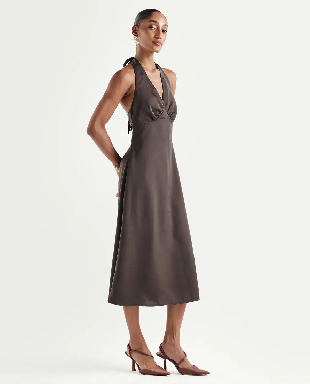 Rareism Women's Petin Brown Polyester V-Neck Elastic Fit And Flare Plain Sleeveless Dress