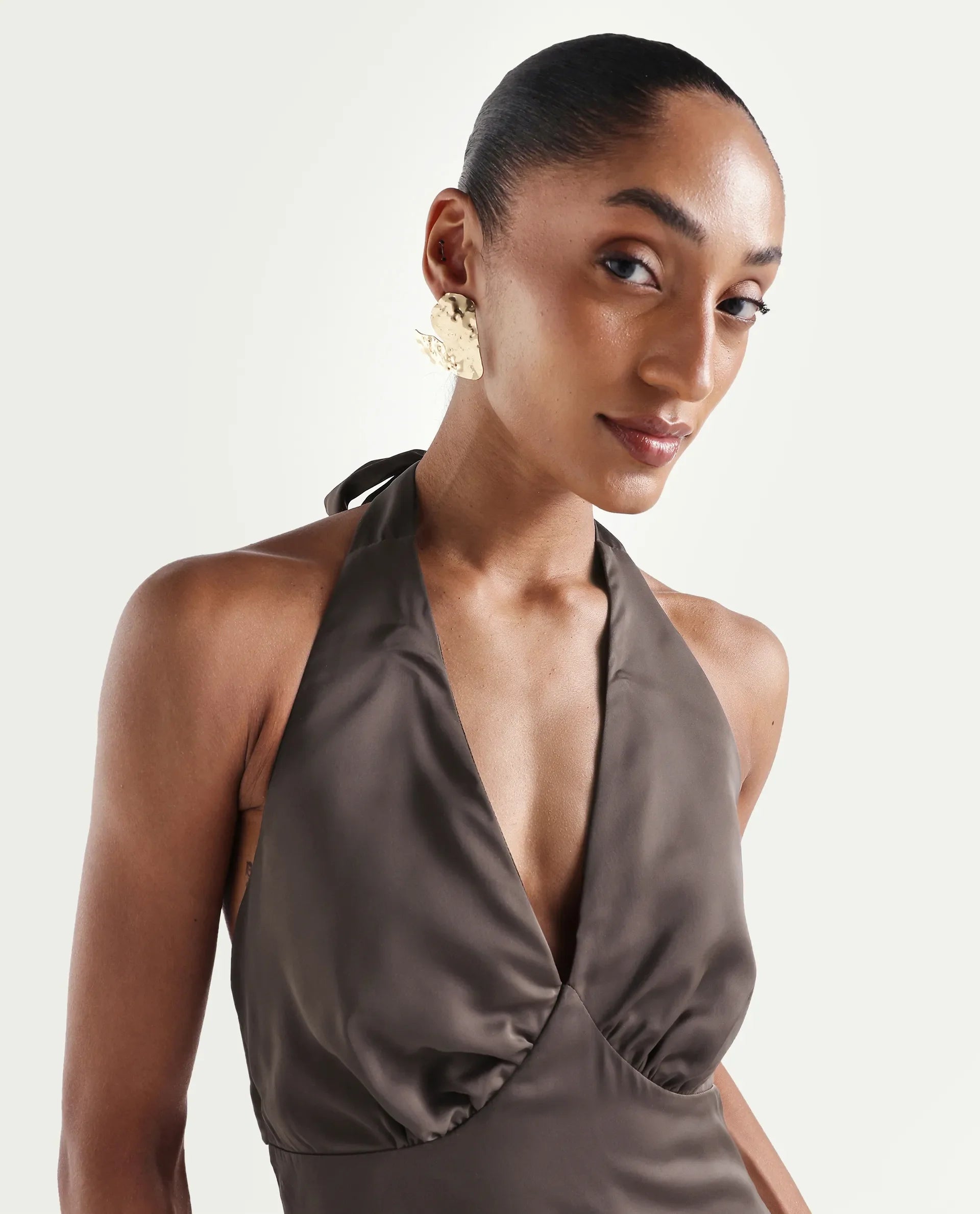 Rareism Women's Petin Brown Polyester V-Neck Elastic Fit And Flare Plain Dress