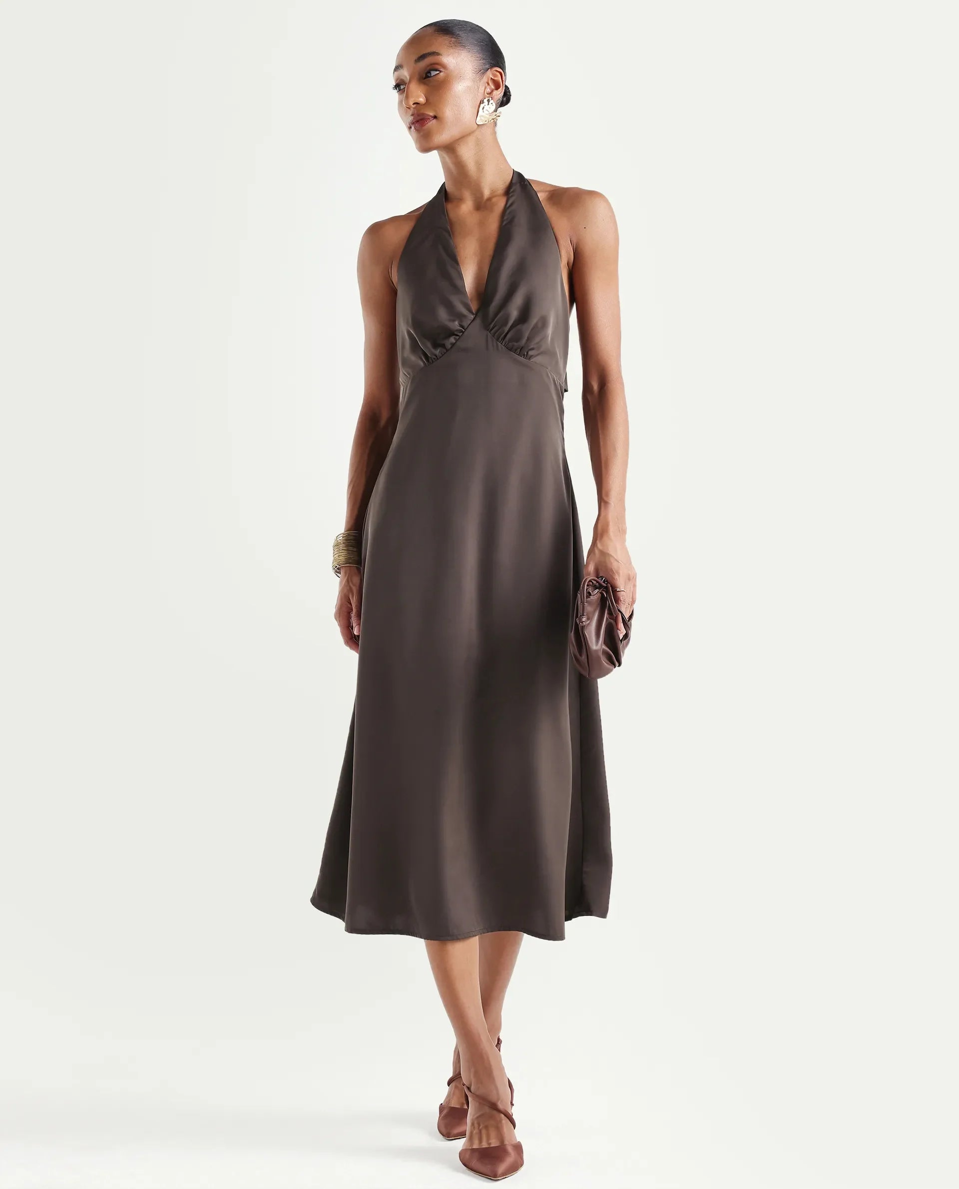 Rareism Women's Petin Brown Polyester V-Neck Elastic Fit And Flare Plain Dress