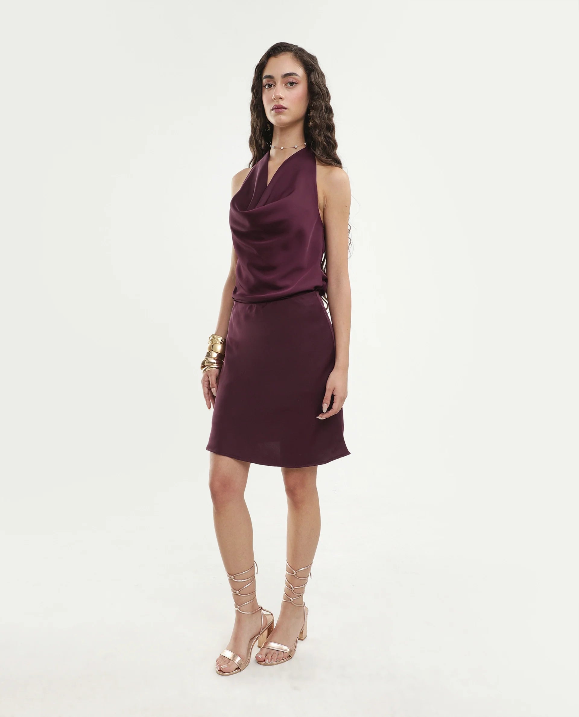 Rareism Women's Petir Dark Maroon Polyester Elastic Bodycon Plain Skirt