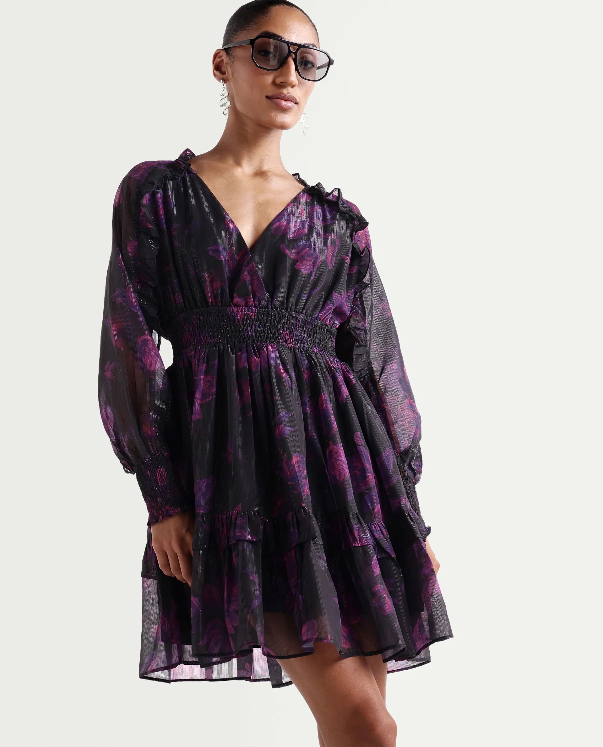 Rareism Women's Peton Black Polyester V-Neck Fit And Flare Floral Print Dress