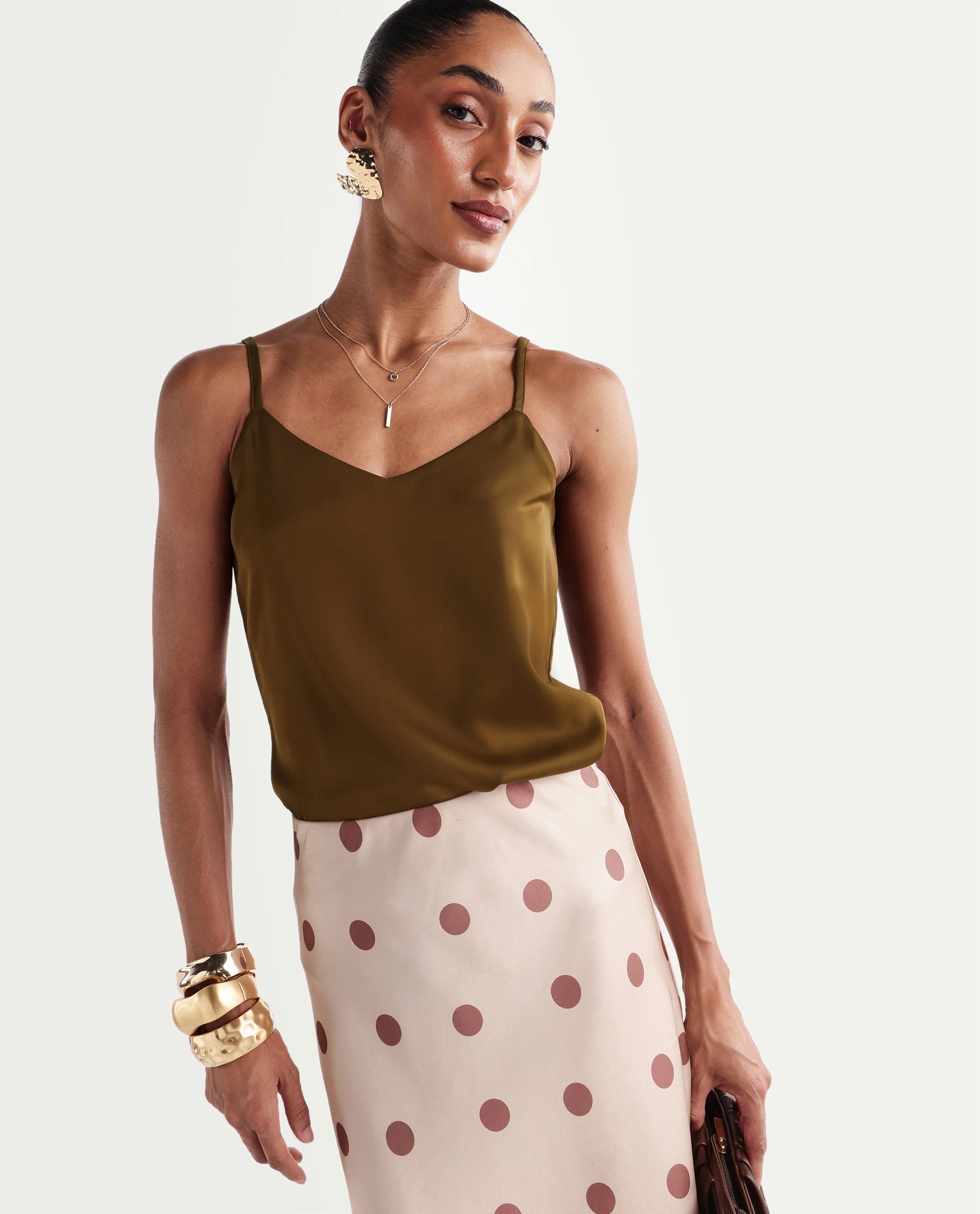 Rareism Women's Petsly Dark Gold Plain Polyester Cami Sleeveless Top
