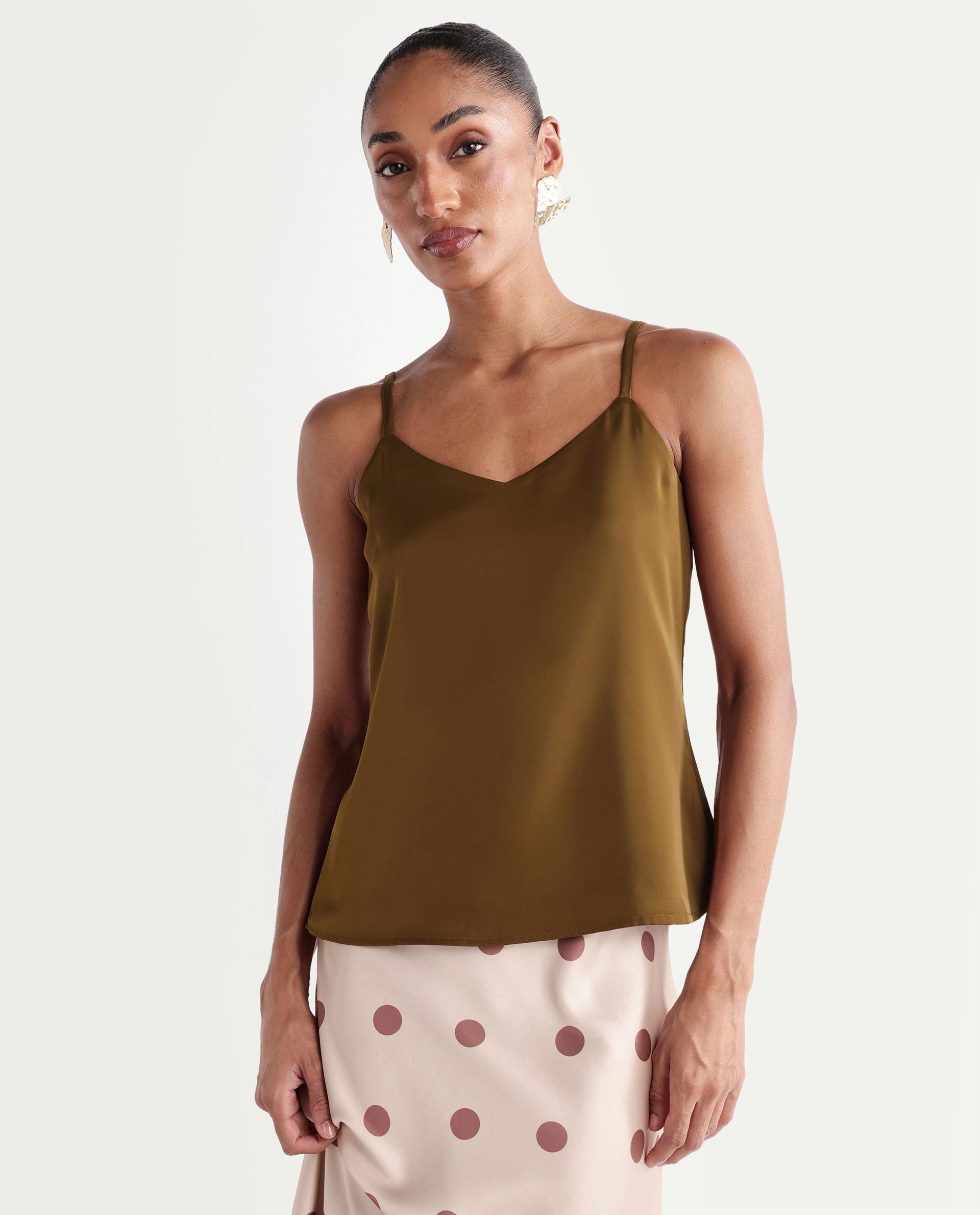 Rareism Women's Petsly Dark Gold Plain Polyester Cami Sleeveless Top