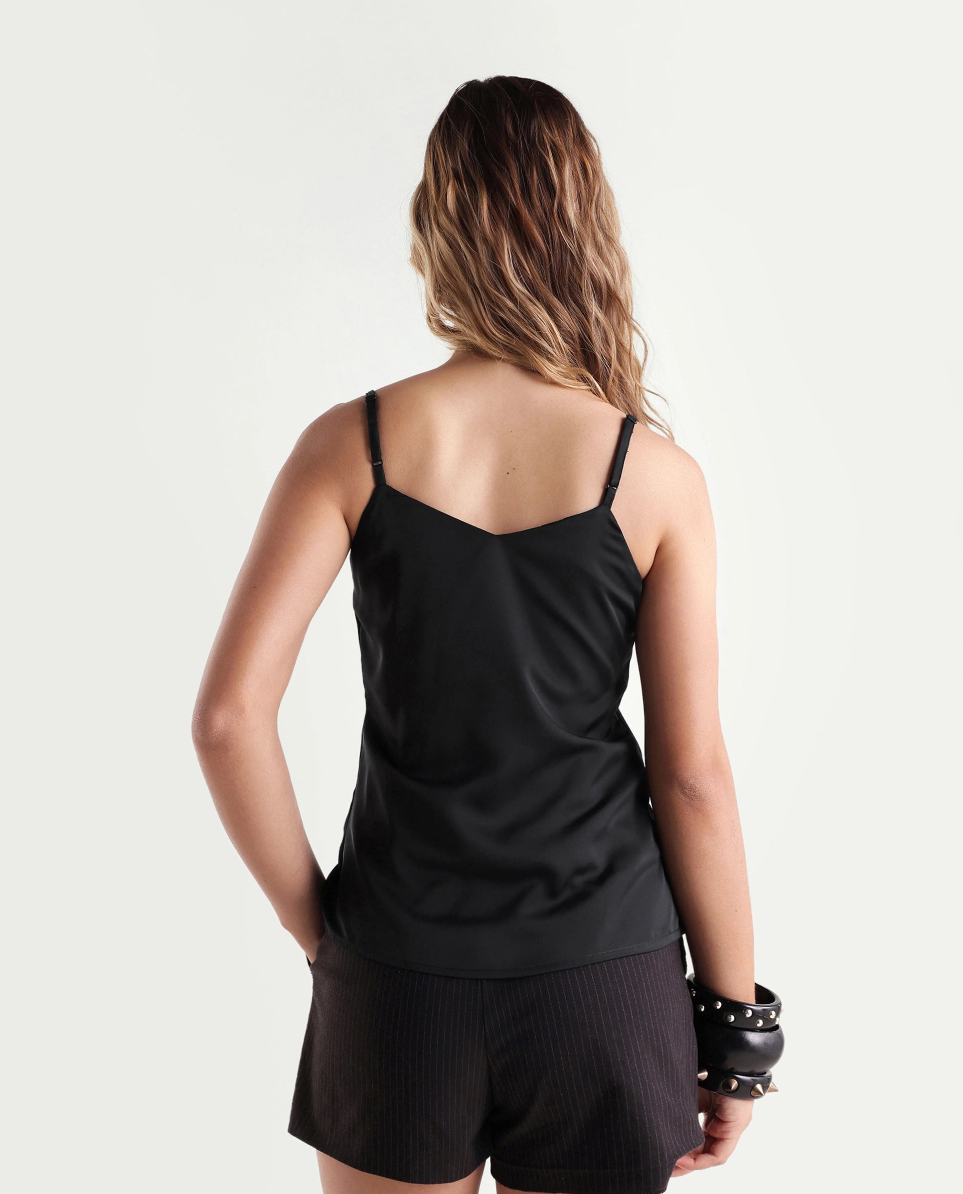 Rareism Women's Petsly Black Plain Polyester Cami Sleeveless Top