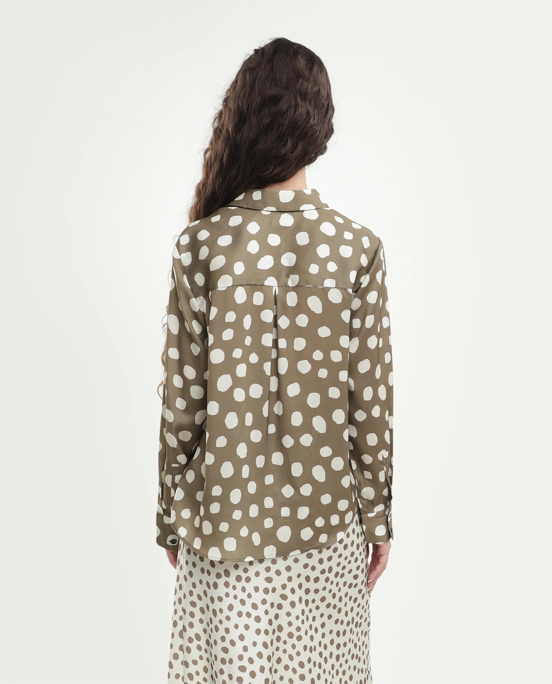 Rareism Women's Pola Beige Polyester Fabric Spread Collar Relaxed Polka Print Shirt