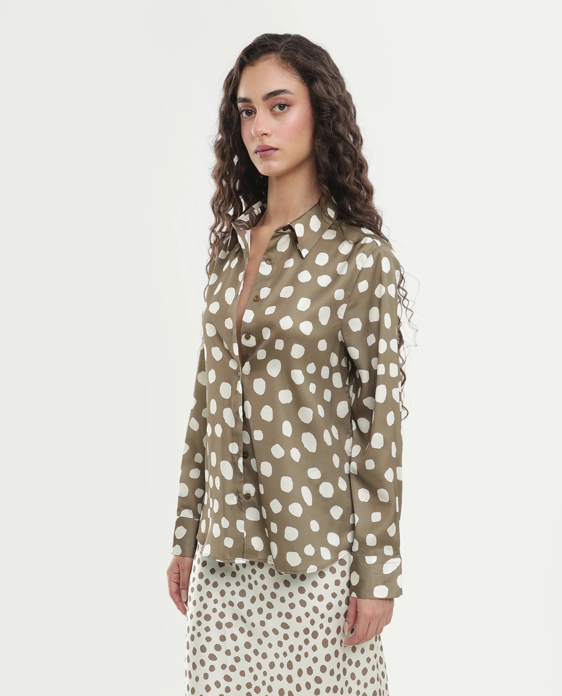 Rareism Women's Pola Beige Polyester Fabric Spread Collar Relaxed Polka Print Shirt