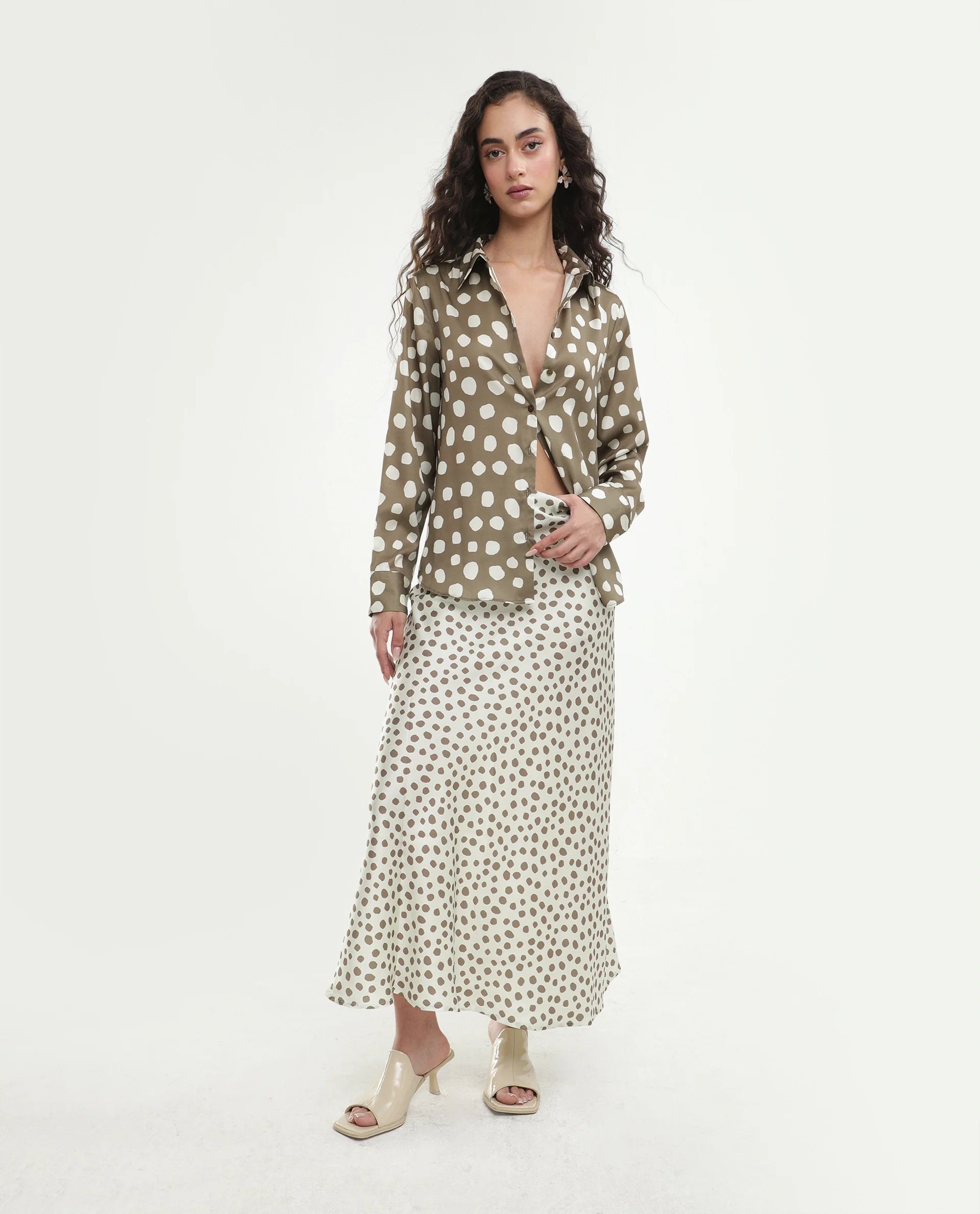 Rareism Women's Pola Beige Polyester Fabric Spread Collar Relaxed Polka Print Shirt