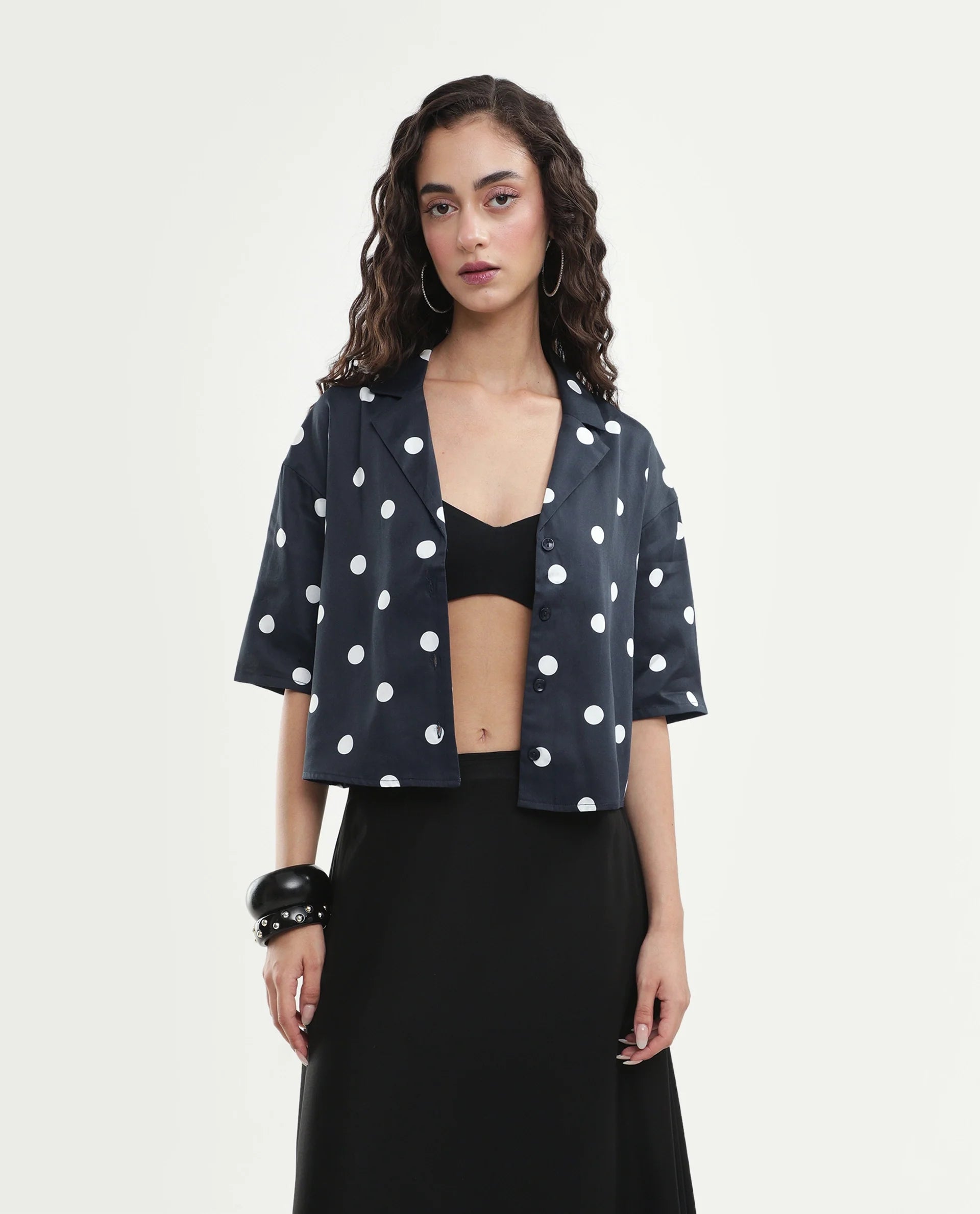 Rareism Women's Polbo Black Cotton Blend Lapel Neck Button Regular Polka Print Top