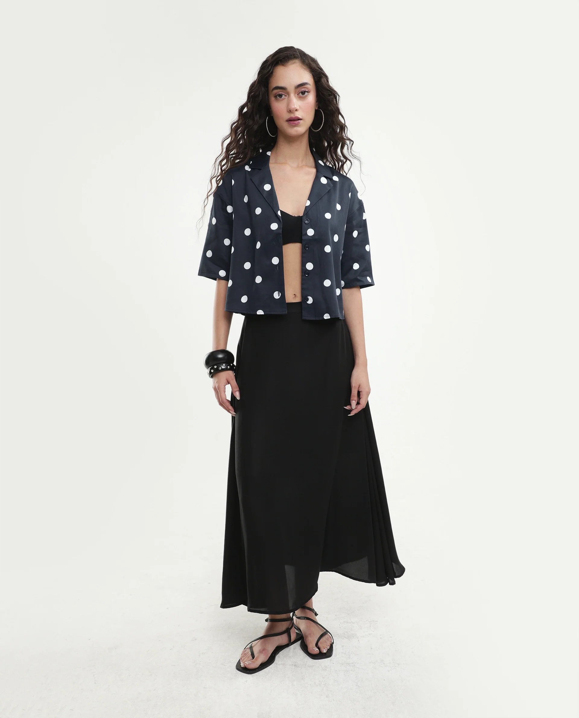 Rareism Women's Polbo Black Cotton Blend Lapel Neck Button Regular Polka Print Top