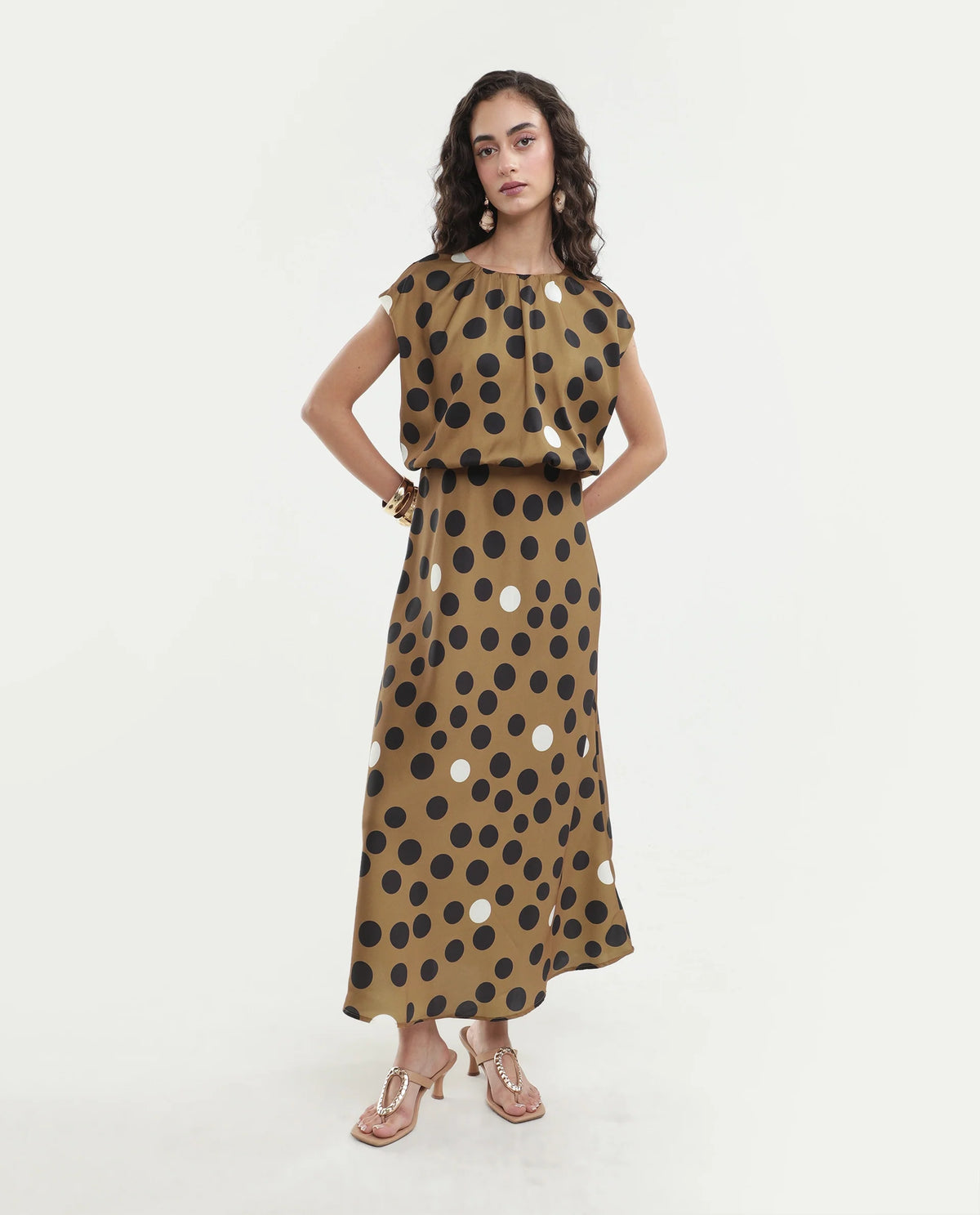 Rareism Women's Polta Beige Polyester Crew Neck Button And Zip Fit And Flare Polka Print Dress