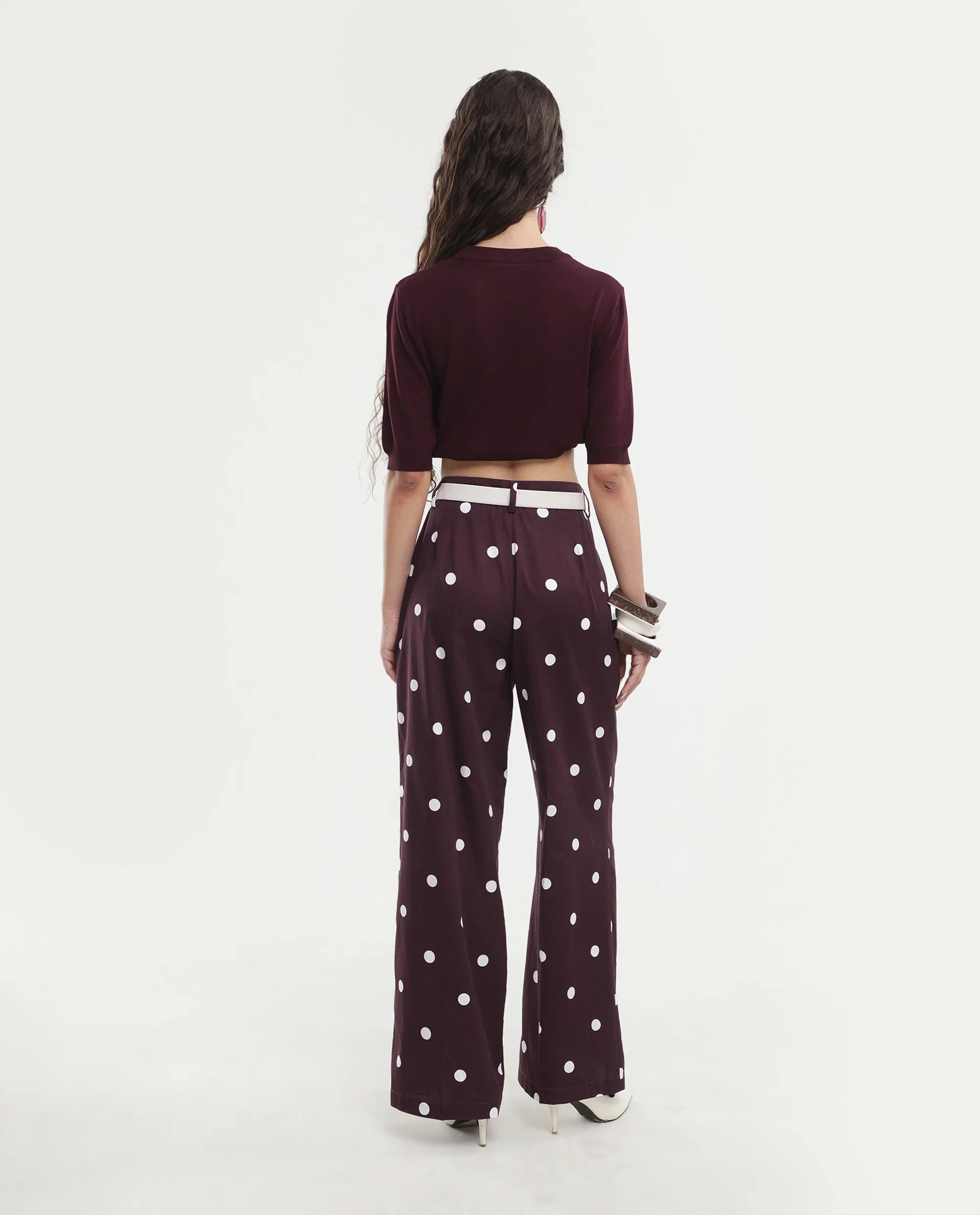Rareism Women's Polvo-B Maroon Cotton Button And Zip Wide Polka Print Trouser