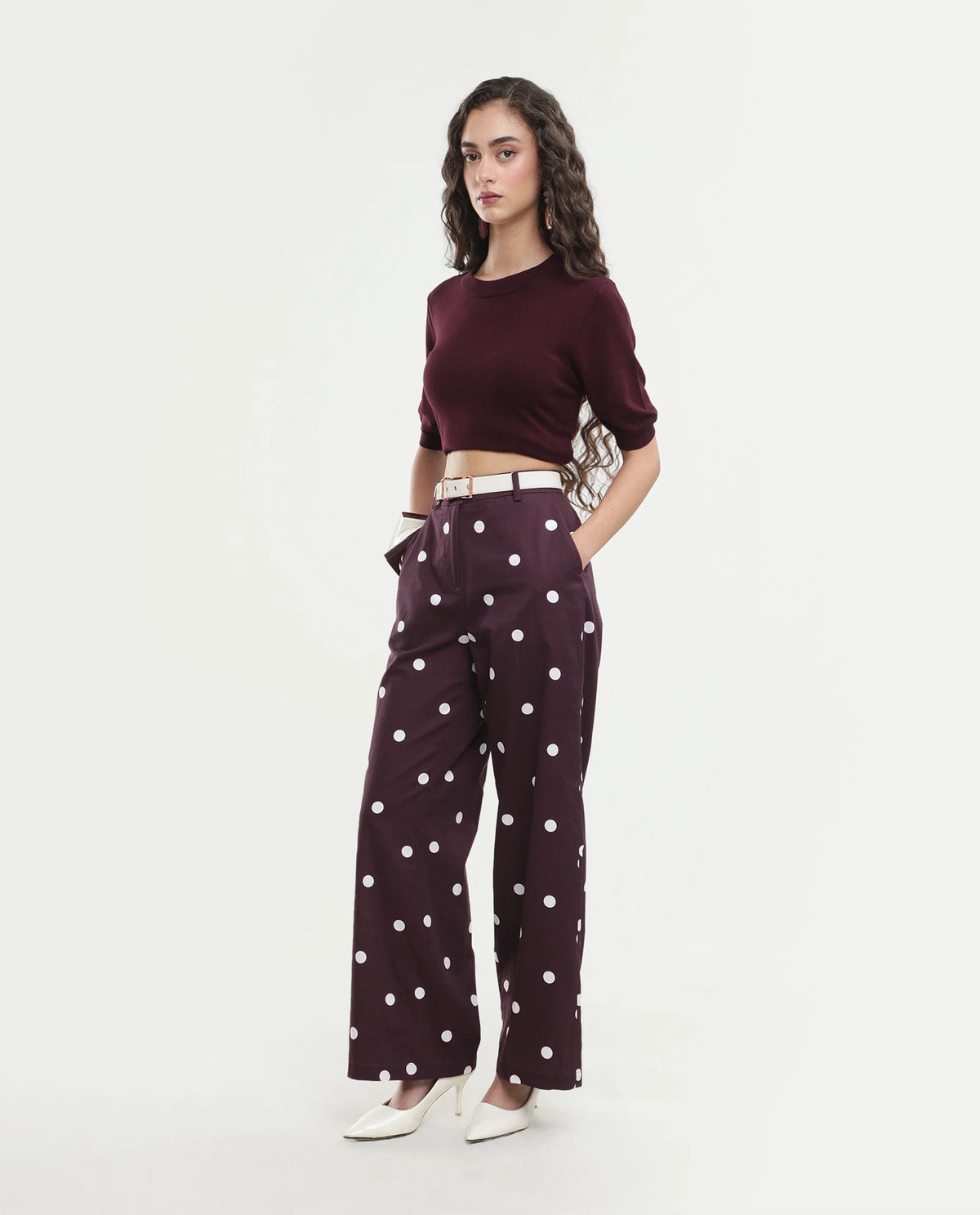 Rareism Women's Polvo-B Maroon Cotton Button And Zip Wide Polka Print Trouser