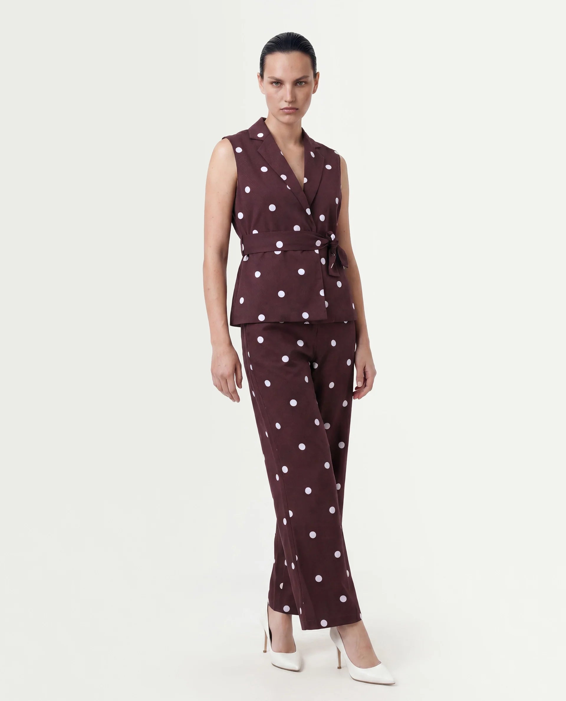 Rareism Women's Polvo-T Maroon Polka Print Cotton Blend Regular Sleeveless Top