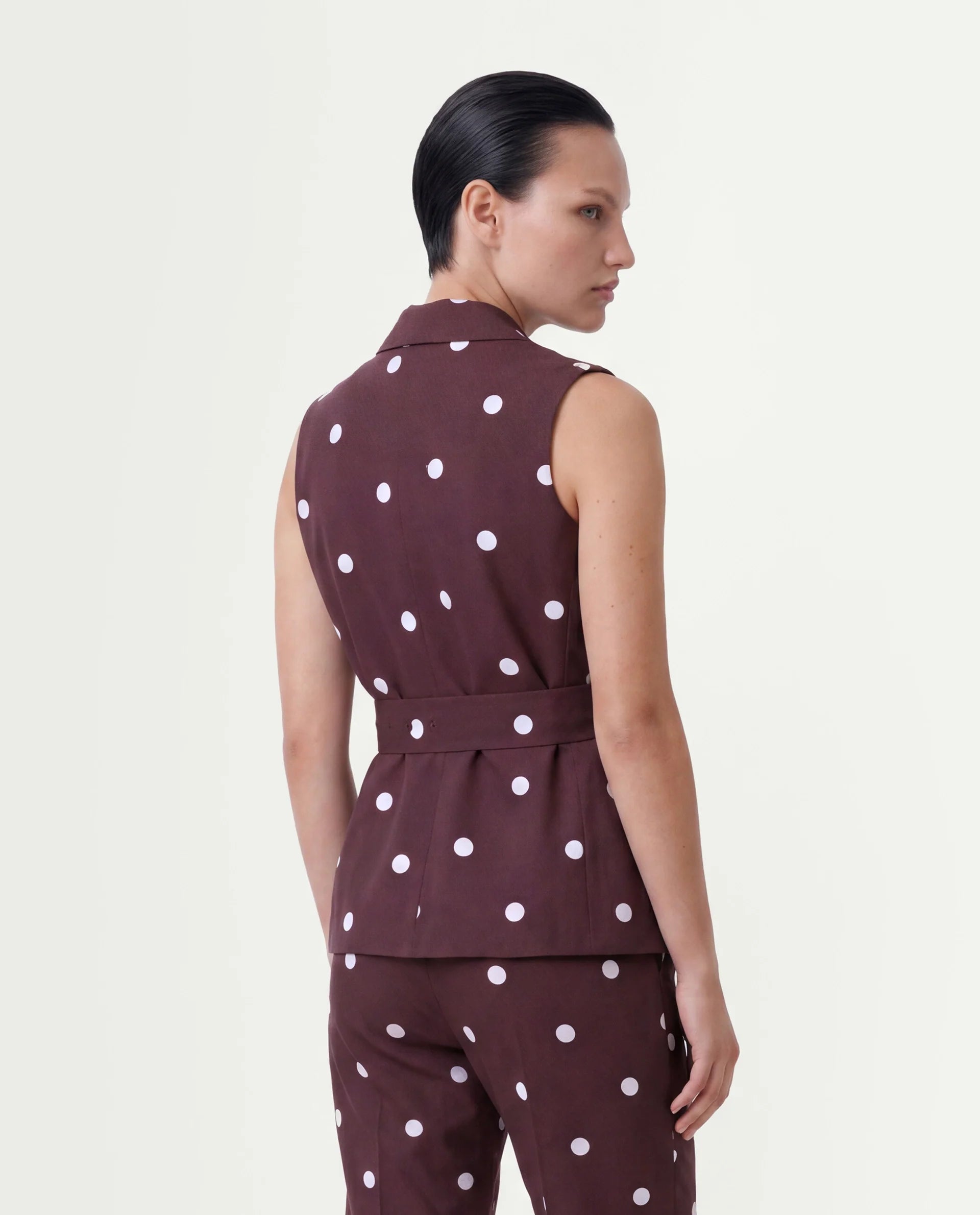Rareism Women's Polvo-T Maroon Polka Print Cotton Blend Regular Sleeveless Top