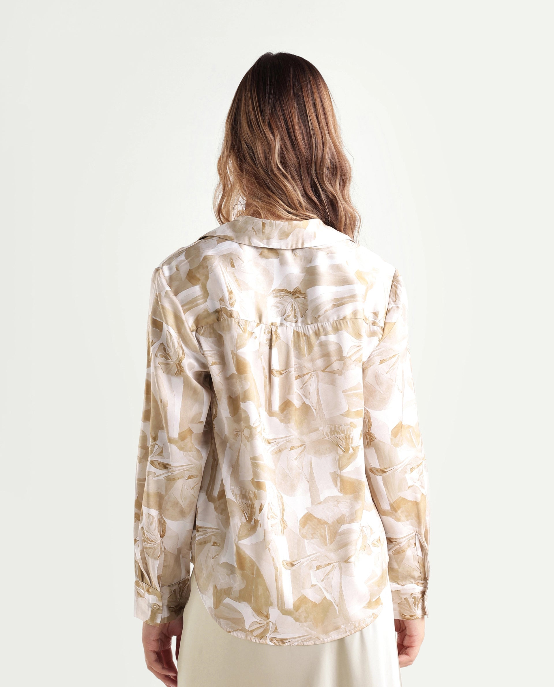 Rareism Women's Satino Beige Abstract Satin Regular Long Sleeve Shirt