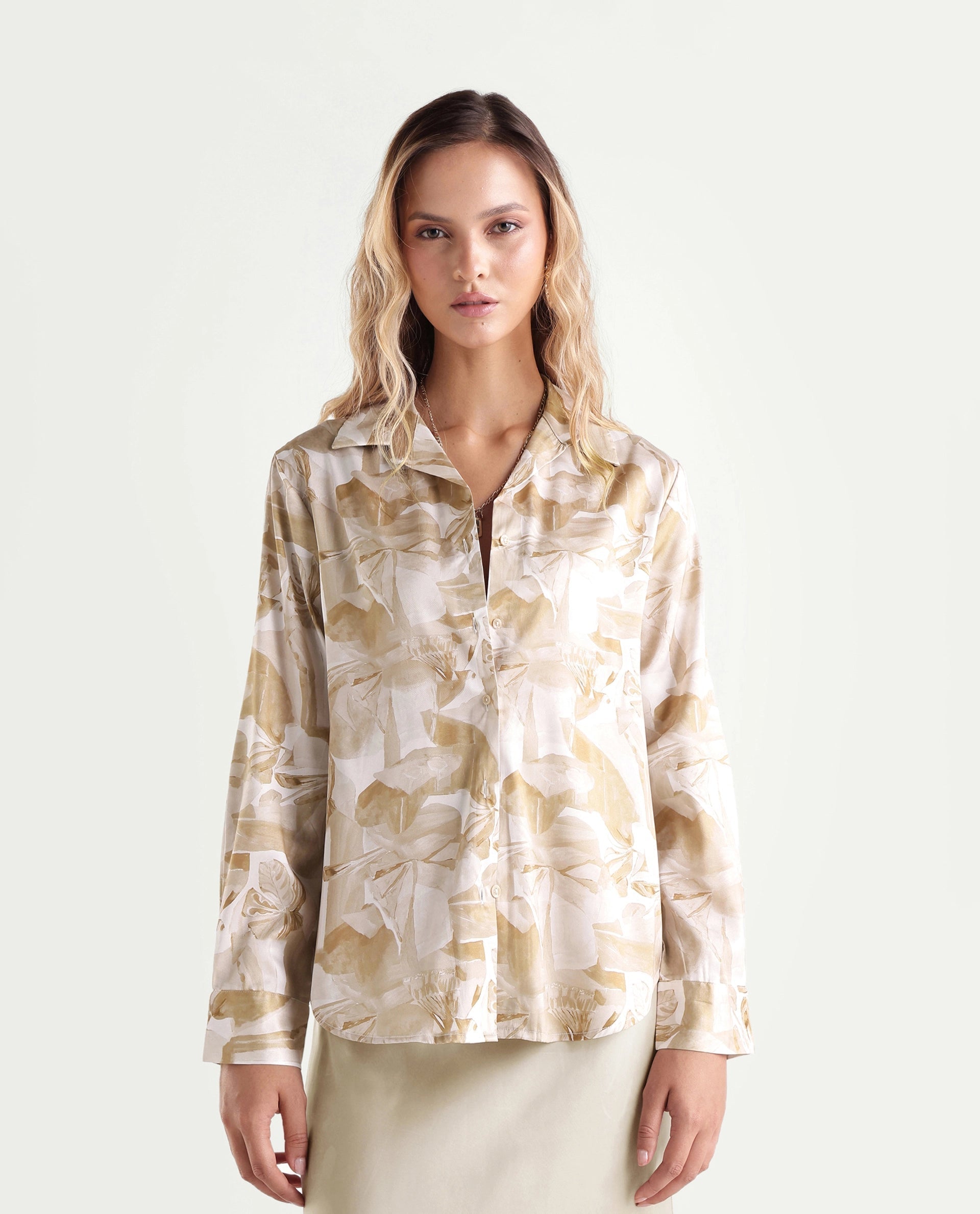 Rareism Women's Satino Beige Abstract Satin Regular Long Sleeve Shirt