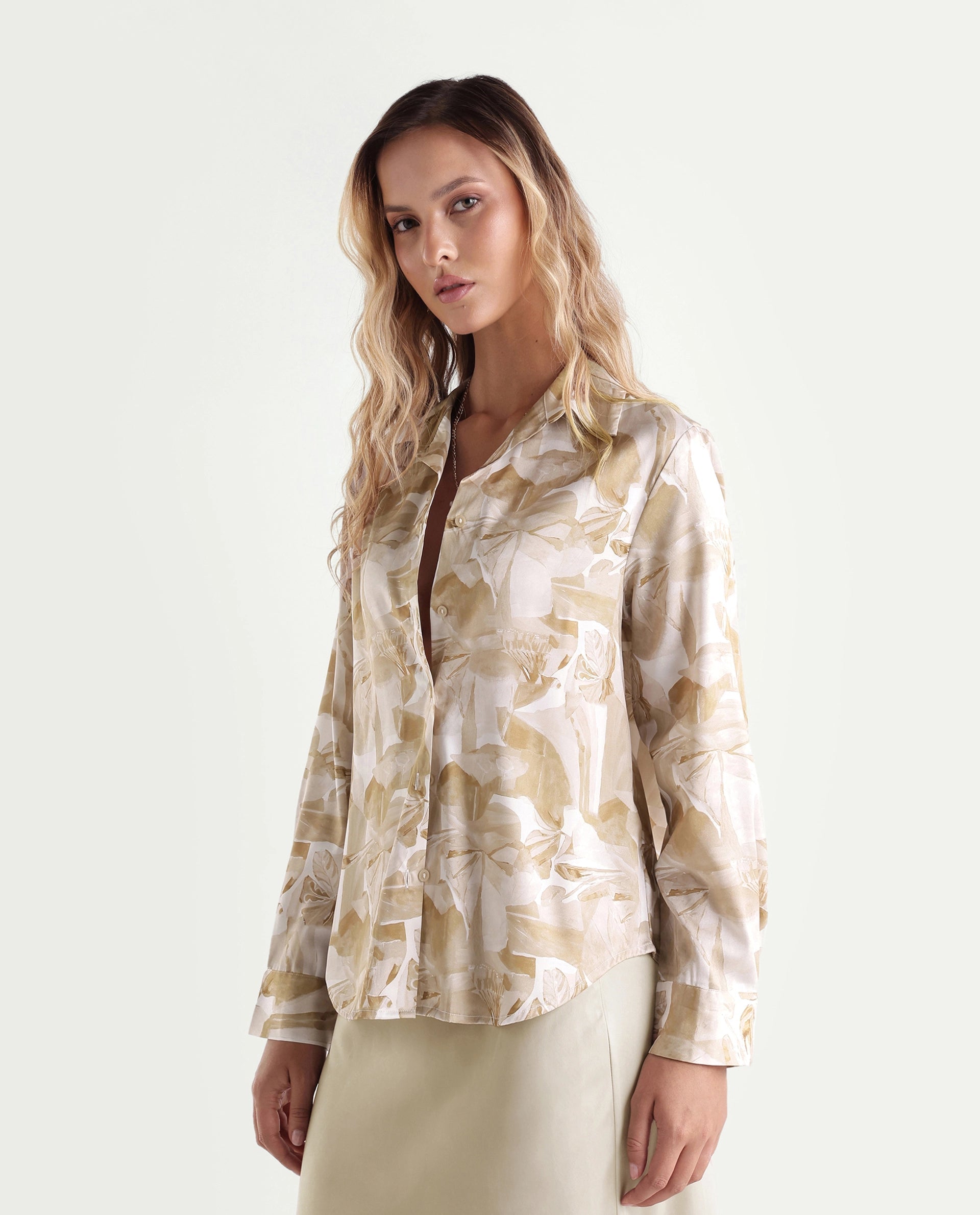 Rareism Women's Satino Beige Abstract Satin Regular Long Sleeve Shirt