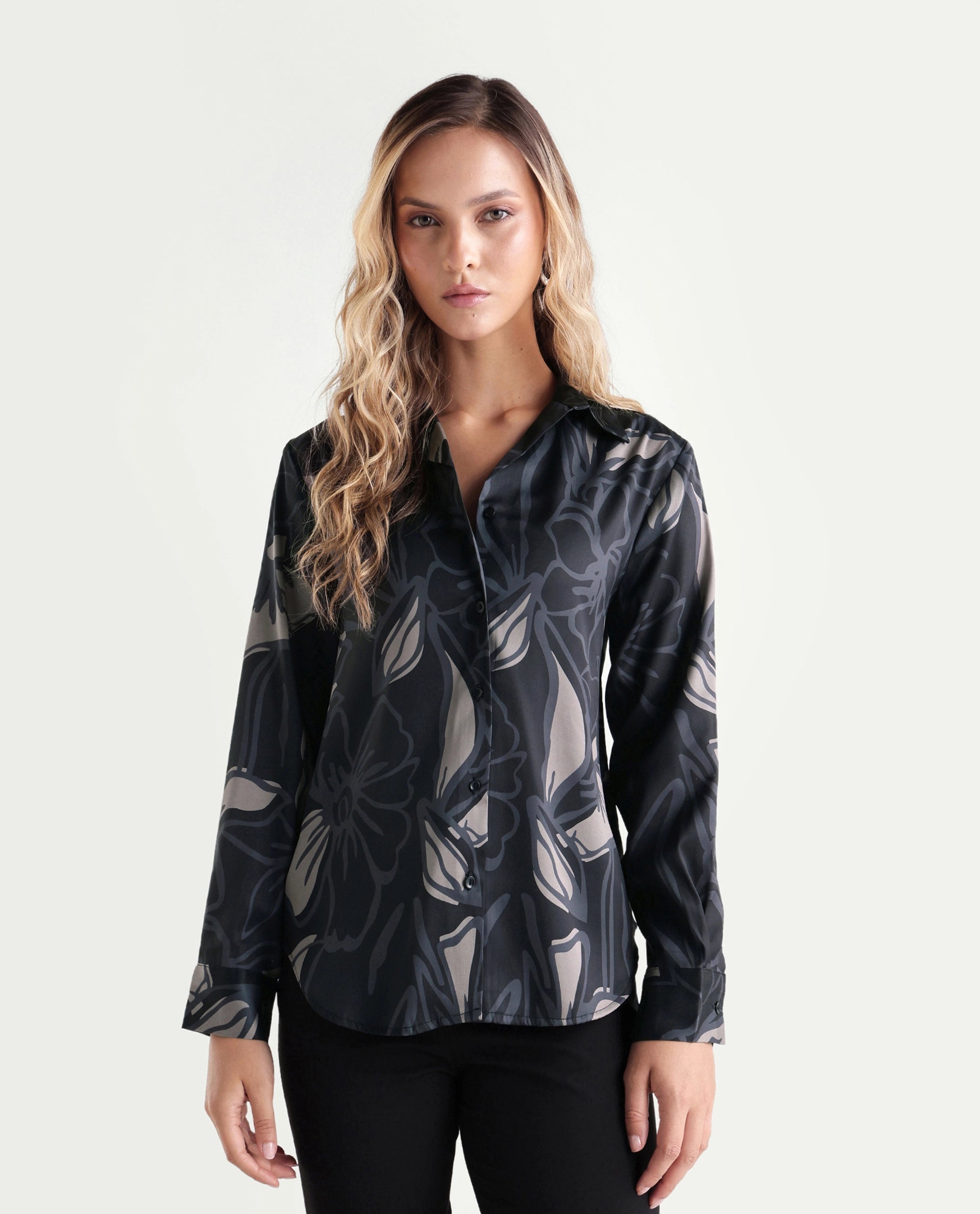 Rareism Women's Satino Black Abstract Satin Regular Long Sleeve Shirt