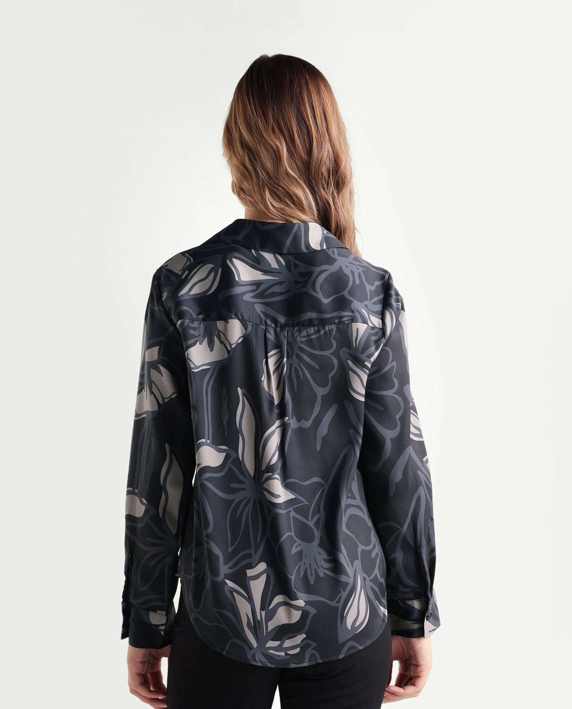 Rareism Women's Satino Black Abstract Satin Regular Long Sleeve Shirt