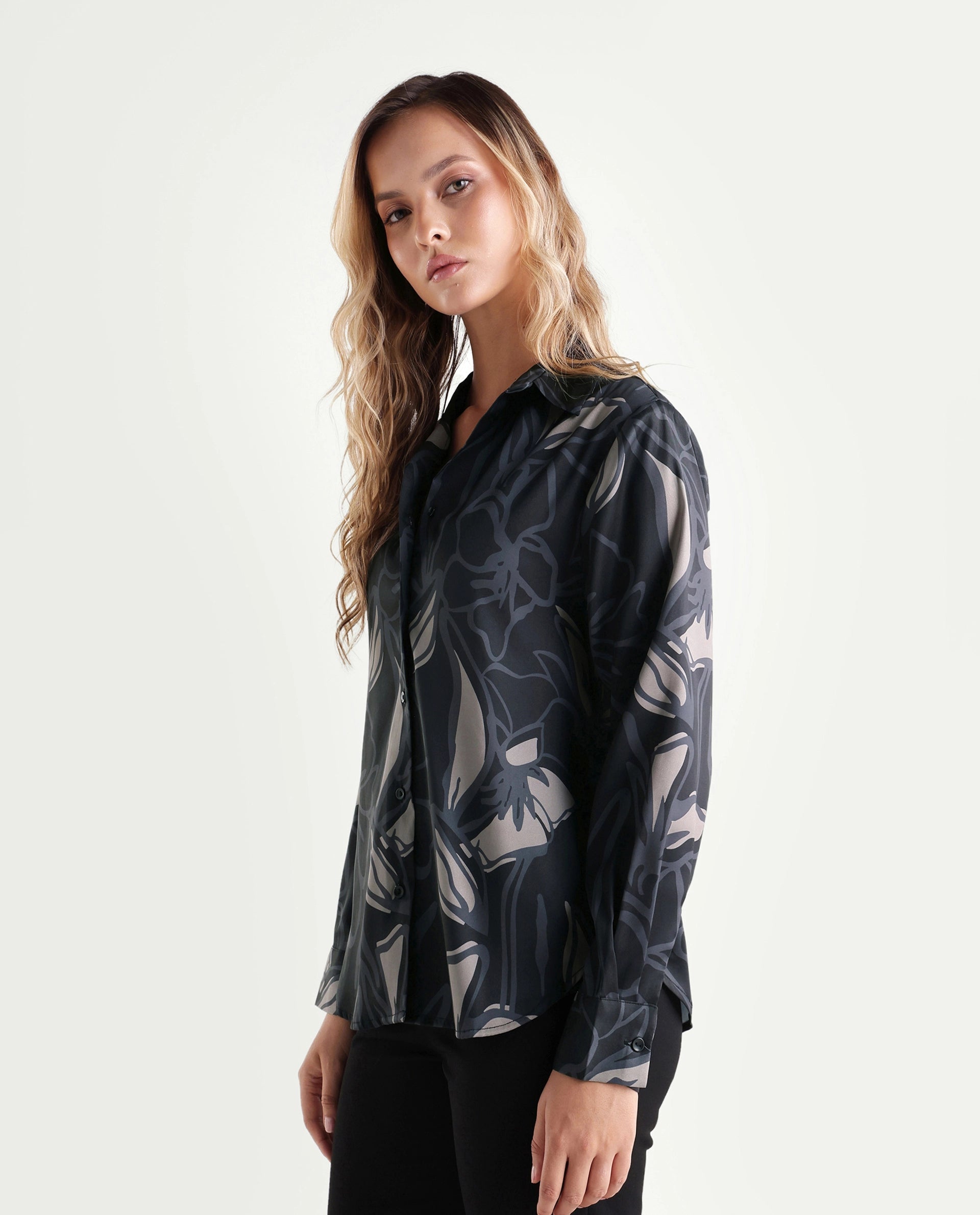 Rareism Women's Satino Black Abstract Satin Regular Long Sleeve Shirt