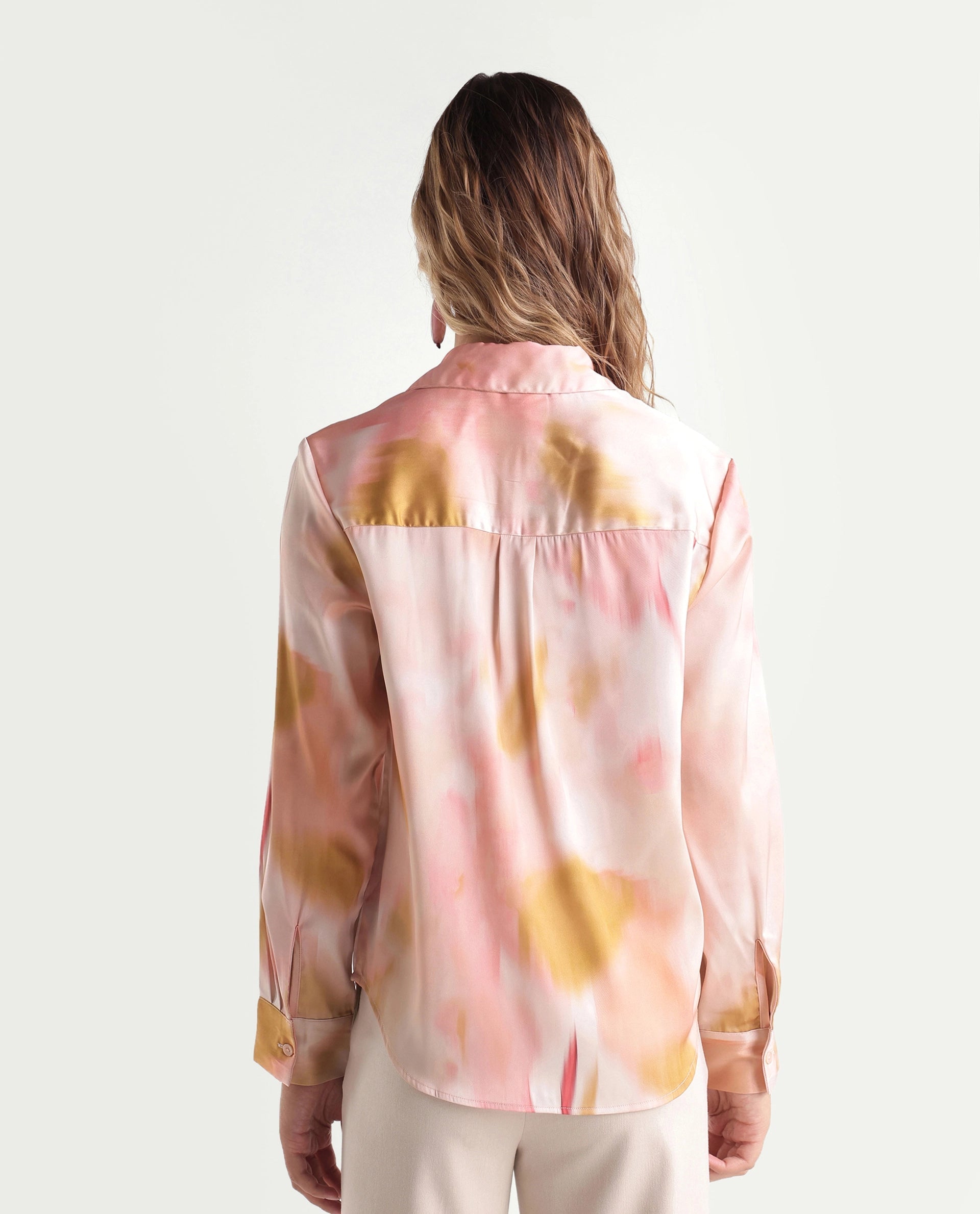Rareism Women's Satino Pastel Pink Abstract Polyester Regular Long Sleeves Shirt