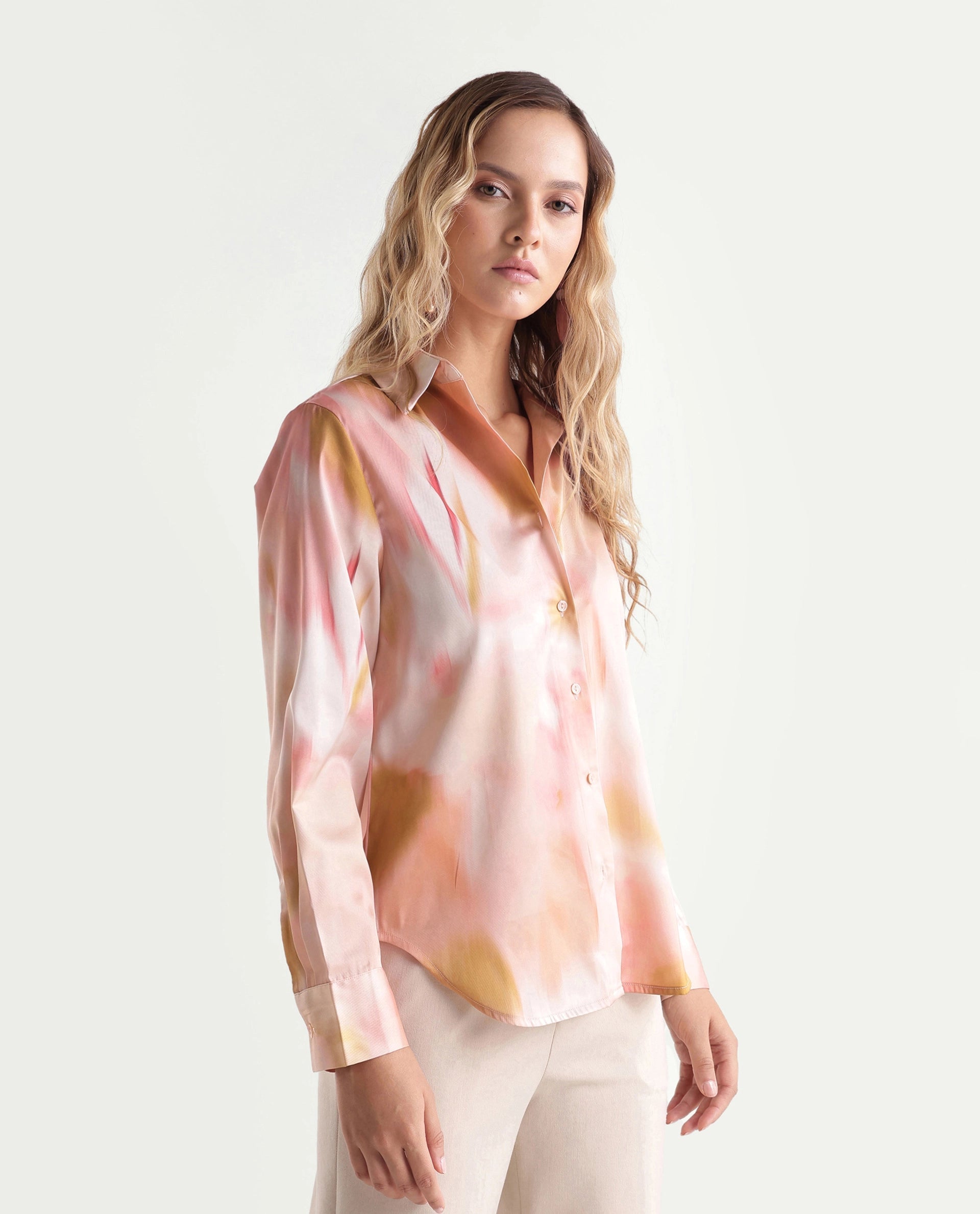 Rareism Women's Satino Pastel Pink Abstract Polyester Regular Long Sleeves Shirt