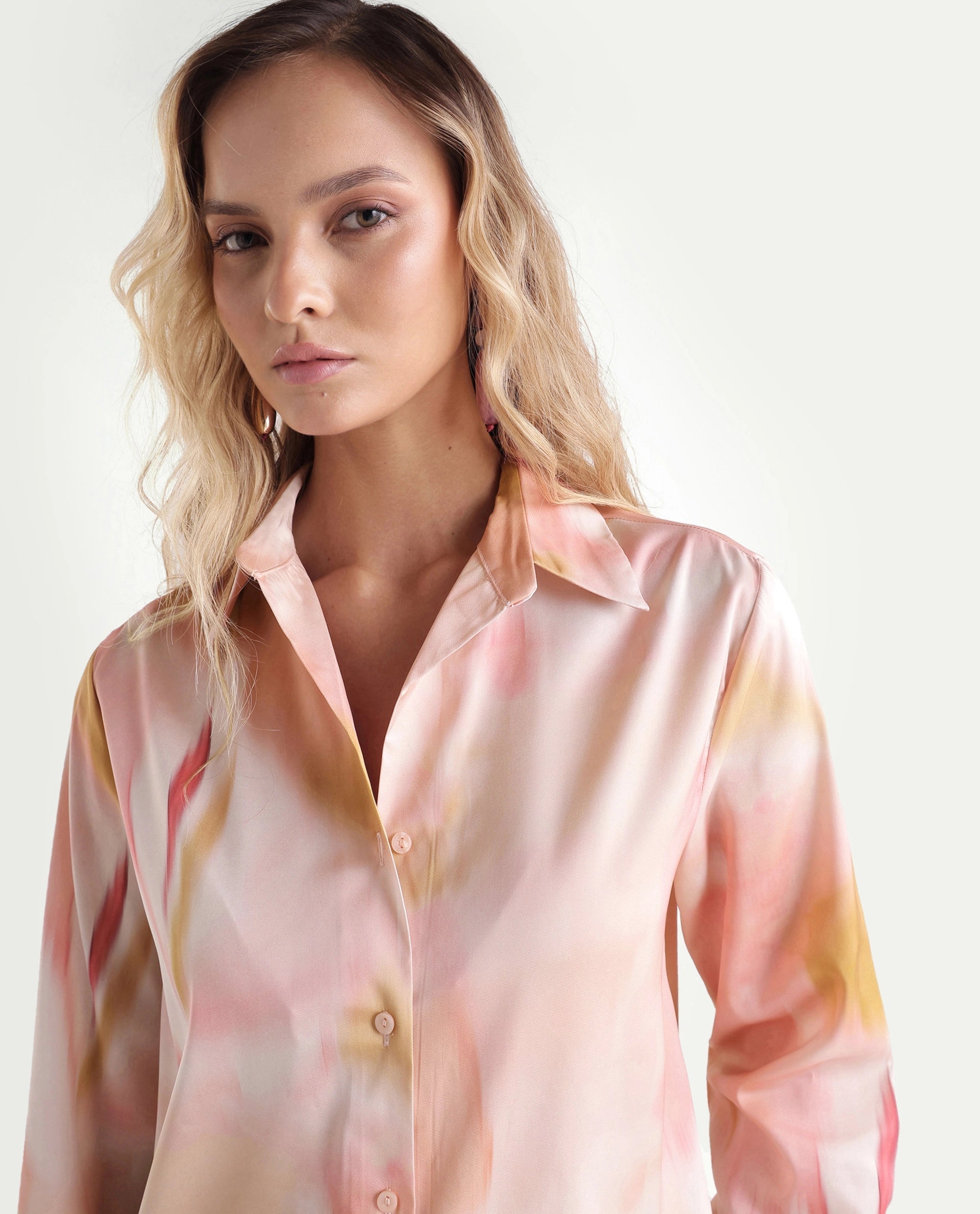 Rareism Women's Satino Pastel Pink Abstract Polyester Regular Long Sleeves Shirt