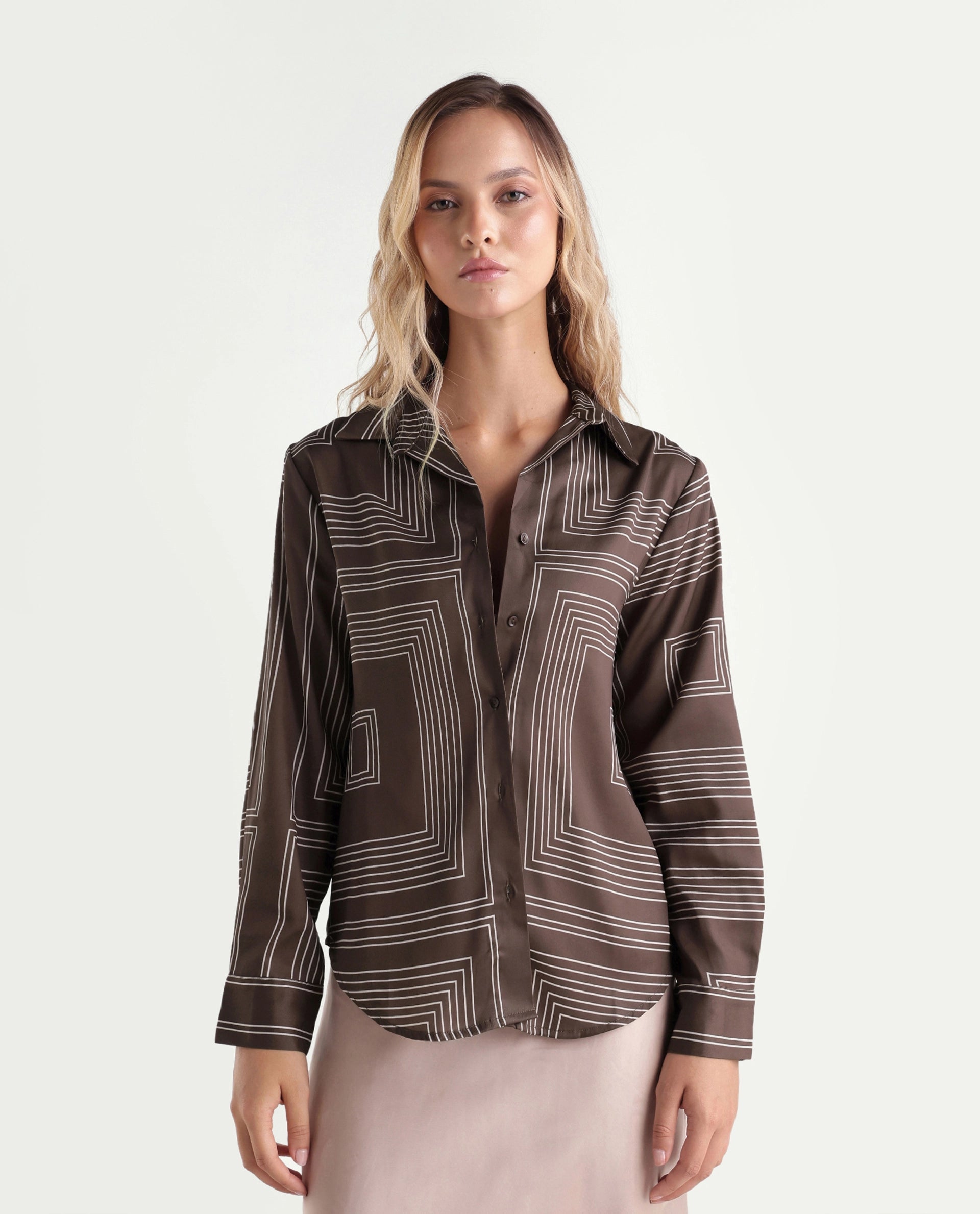 Rareism Women's Satino Brown Abstract Polyester Regular Long Sleeves Shirt