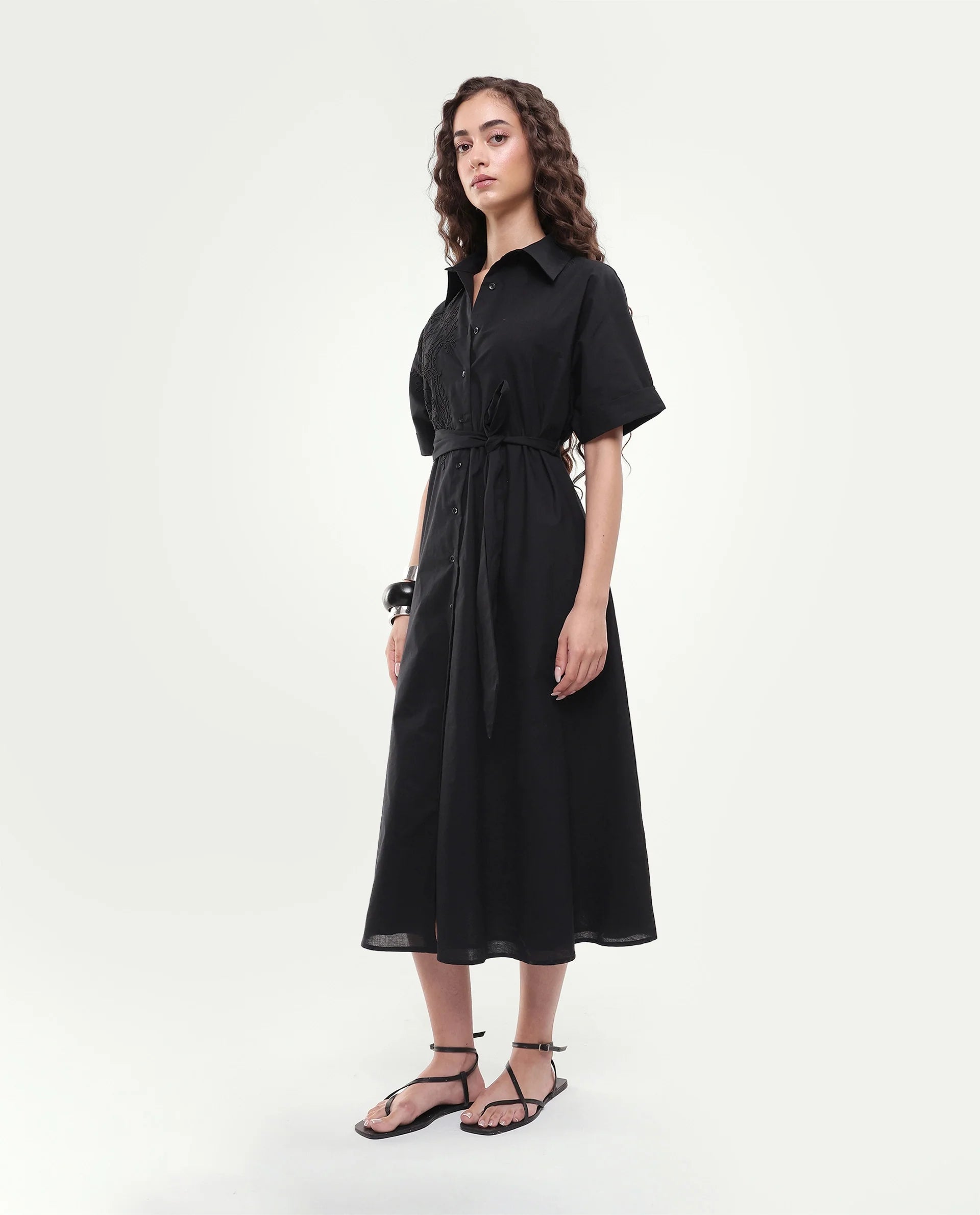 Rareism Women's Tormin Black Cotton Spread Collar Button Regular Embroidered Dress