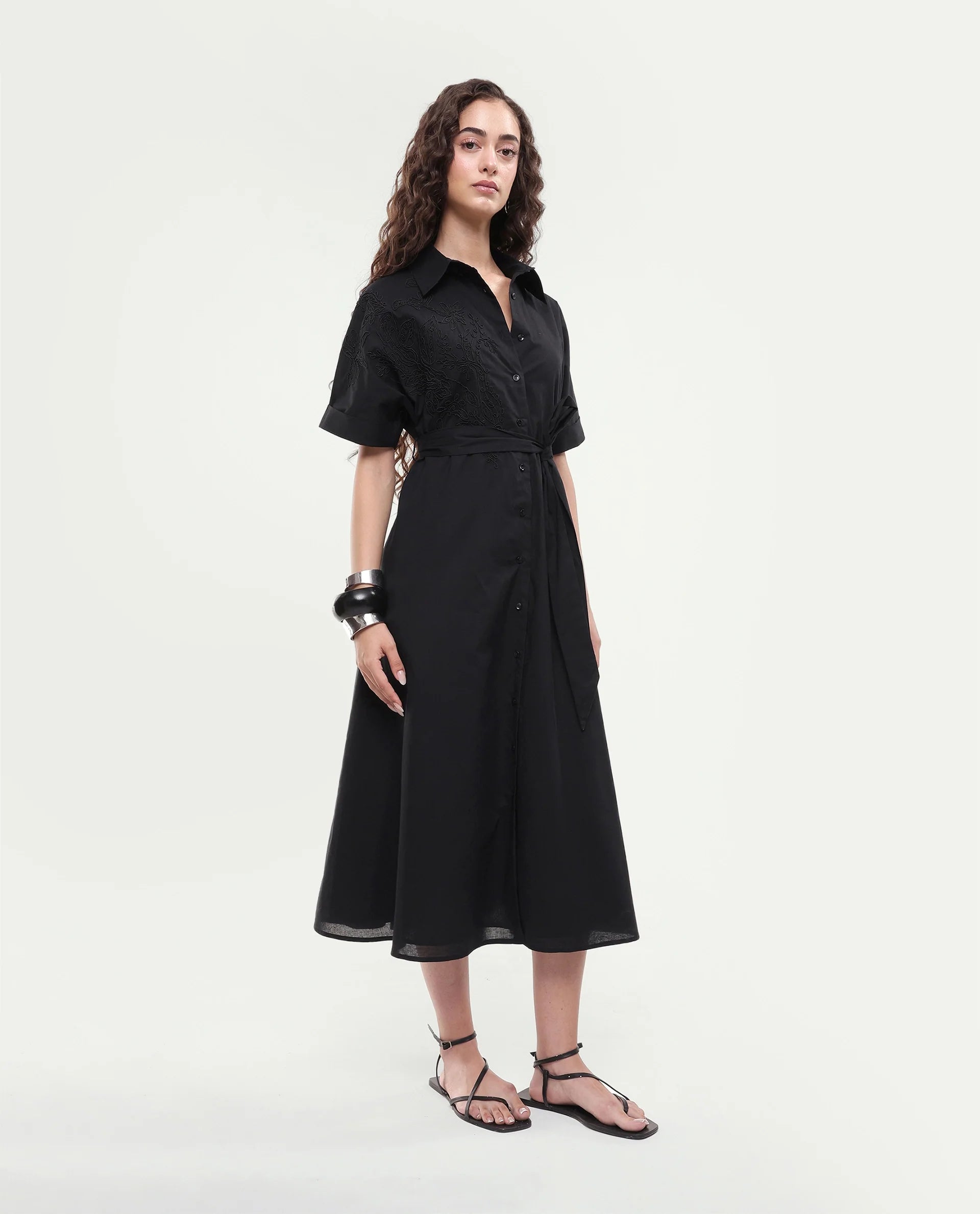 Rareism Women's Tormin Black Cotton Spread Collar Button Regular Embroidered Dress