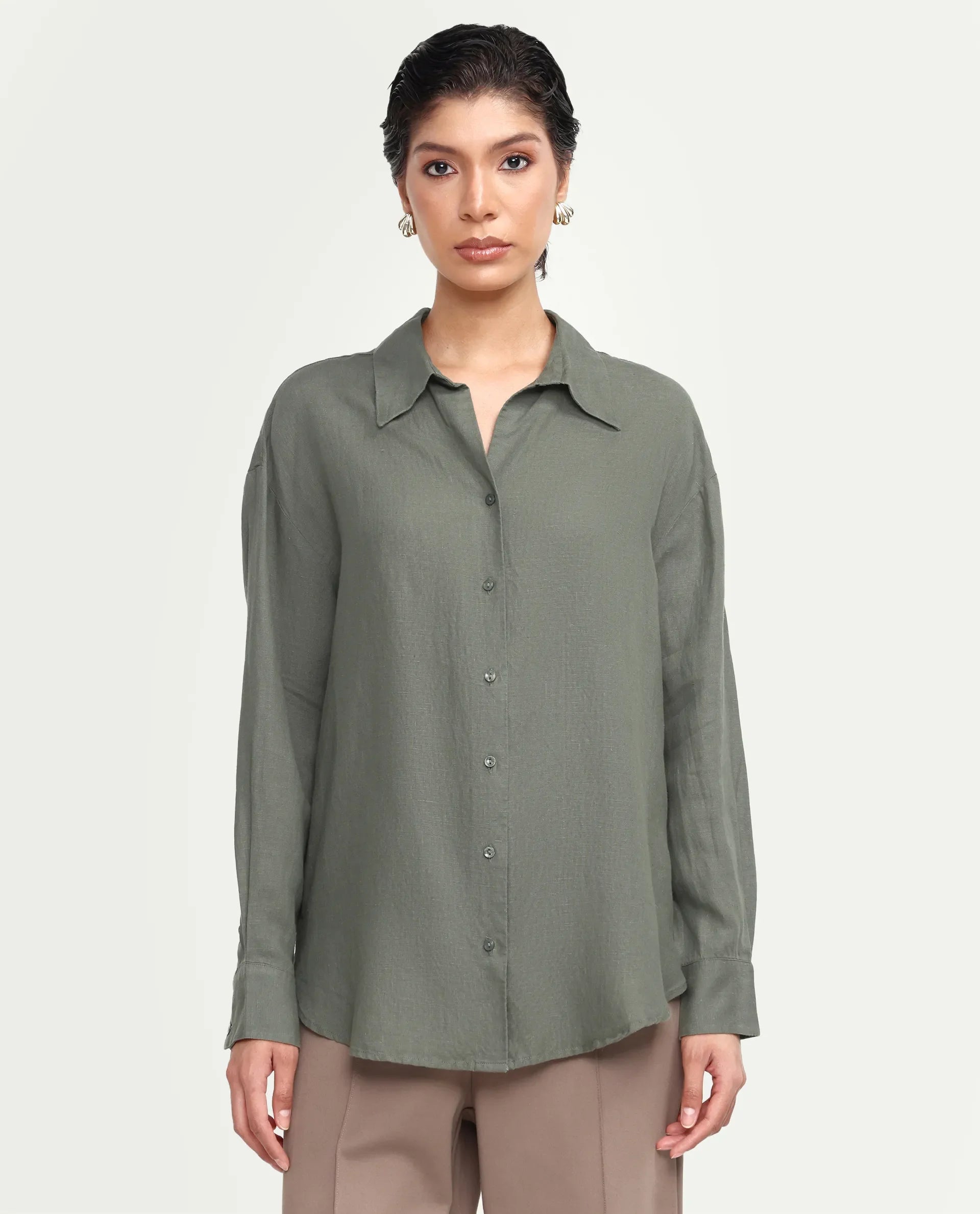 Rareism Women's Uganda Dusky Green Linen Fabric Spread Collar Regular Plain Shirt