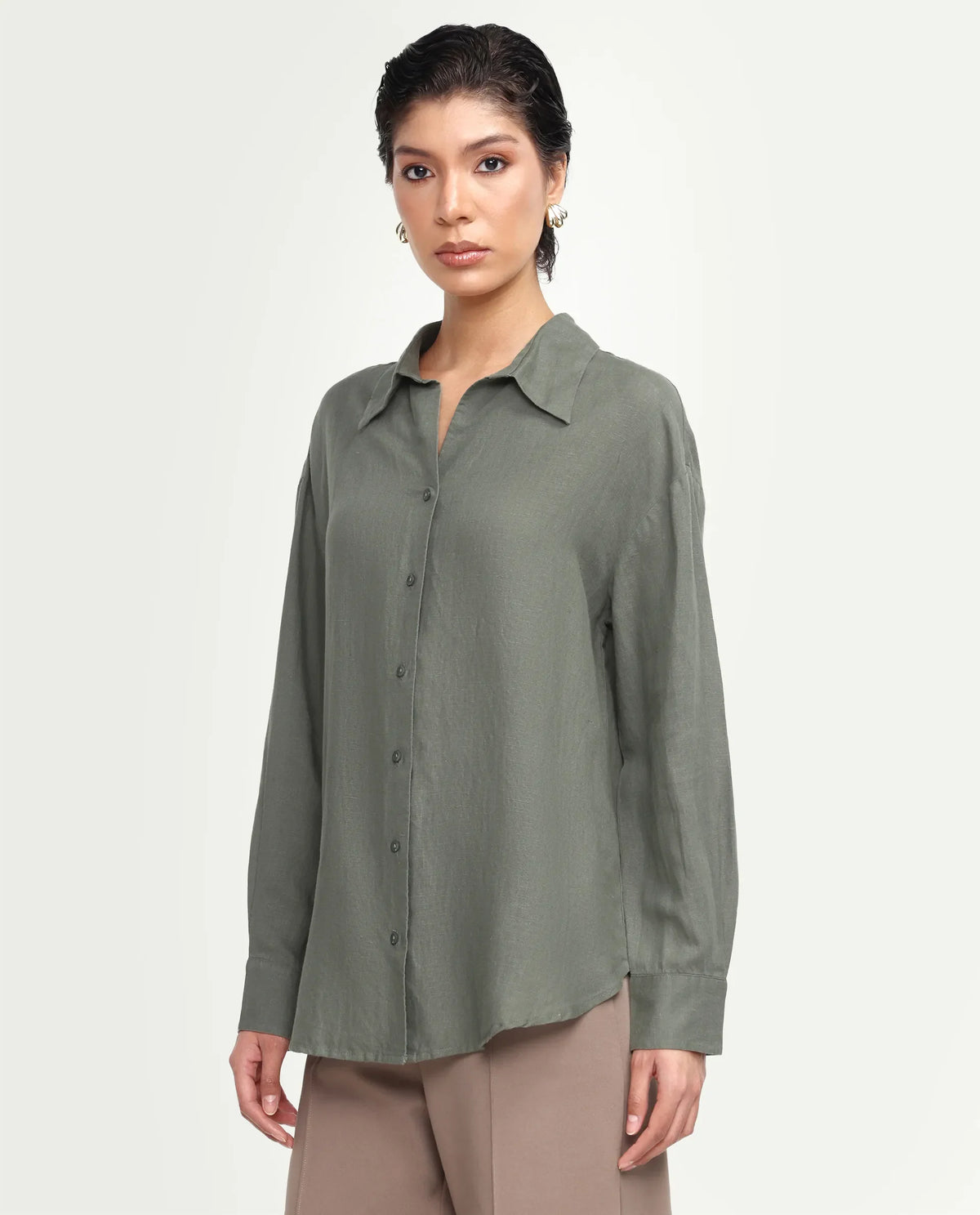 Rareism Women's Uganda Dusky Green Linen Fabric Spread Collar Regular Plain Shirt