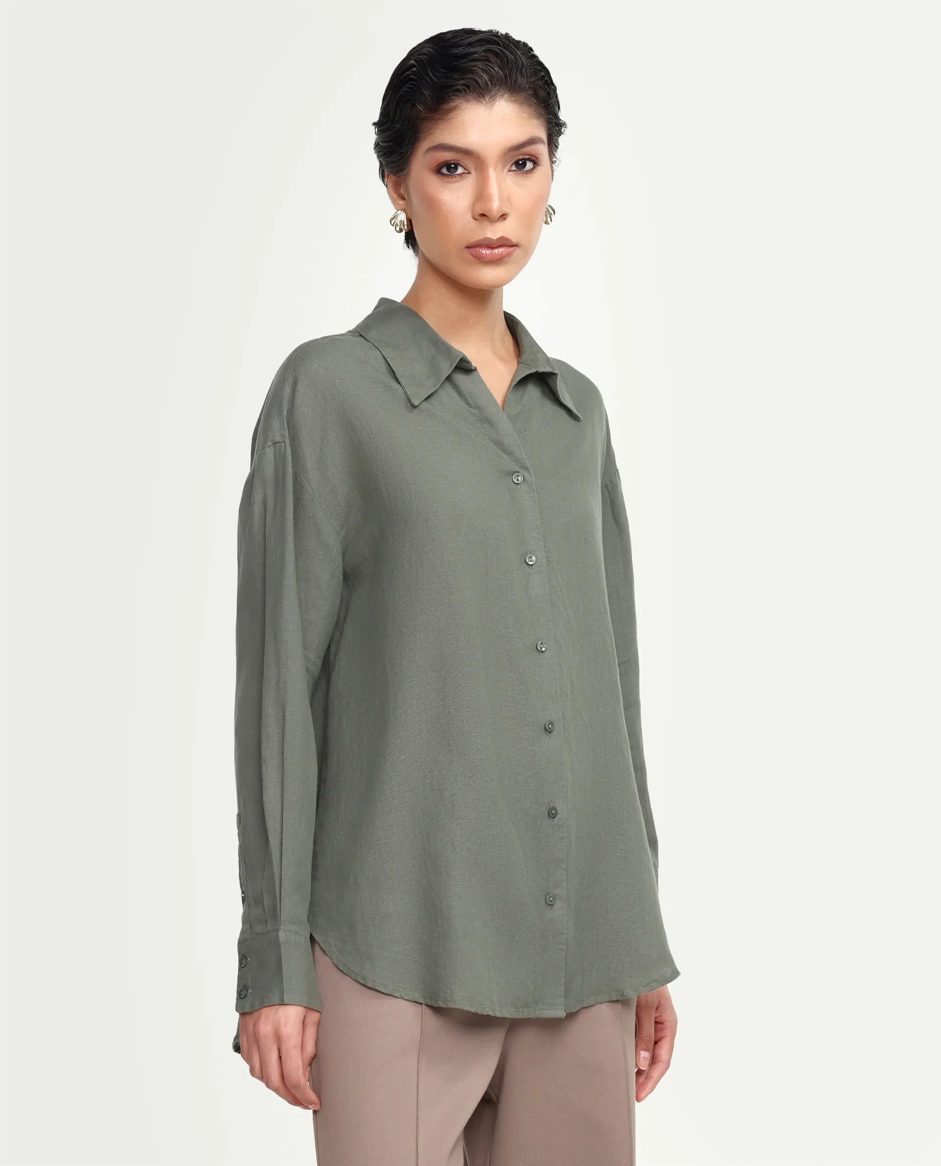Rareism Women's Uganda Dusky Green Linen Fabric Spread Collar Regular Plain Shirt