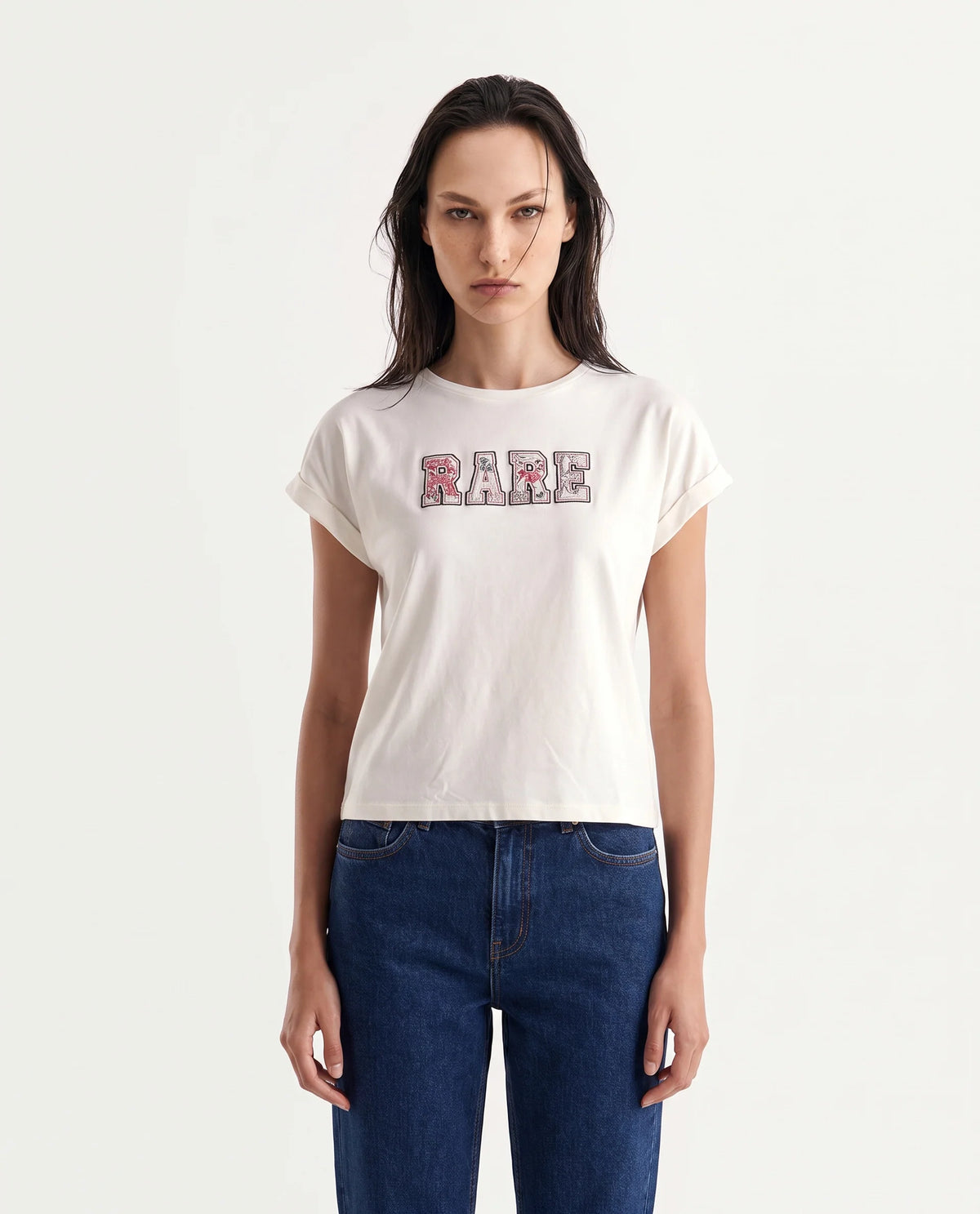 Rareism Women's Majo Off White Cotton Blend Fabric Crew Neck Relaxed Typography Print T-Shirt