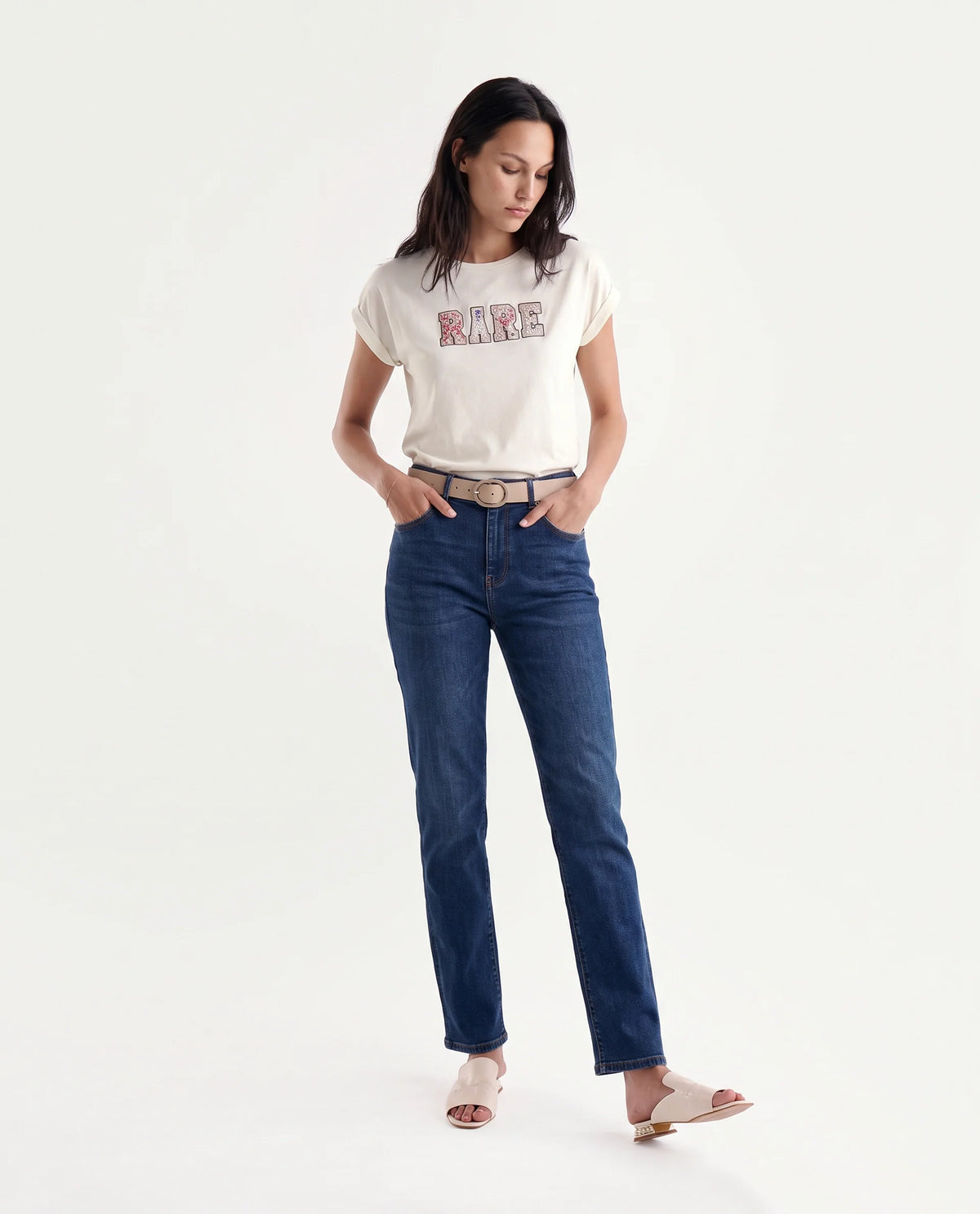 Rareism Women's Majo Off White Cotton Blend Fabric Crew Neck Relaxed Typography Print T-Shirt